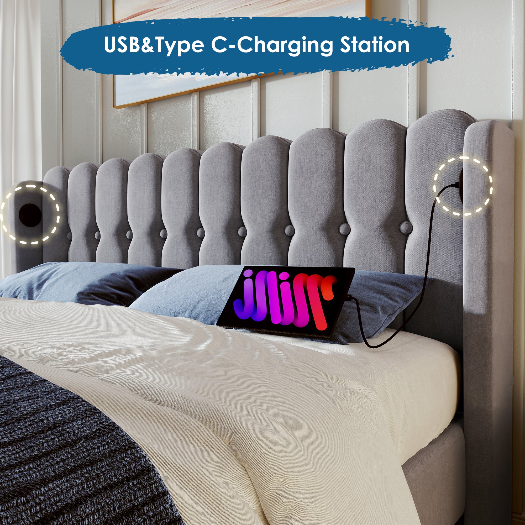 lit double rembourré 160x200 avec sommier à lattes et ports charge usb type-c intégrés tête de lit capitonnée gris lin
