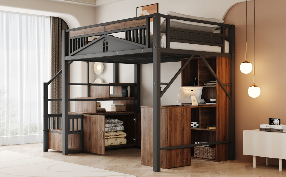 Lit mezzanine avec échelle et rangement intégré, 140x200, sécurité enfant, métal noir