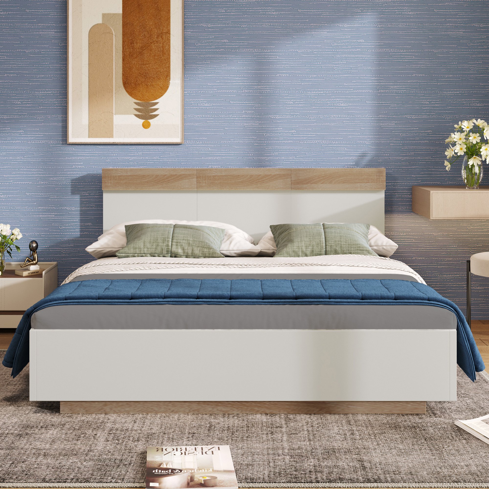 Lit 180x200 avec sommier à lattes, cadre en bois blanc et chêne sonoma, tête de lit haute 90,5 cm, style moderne