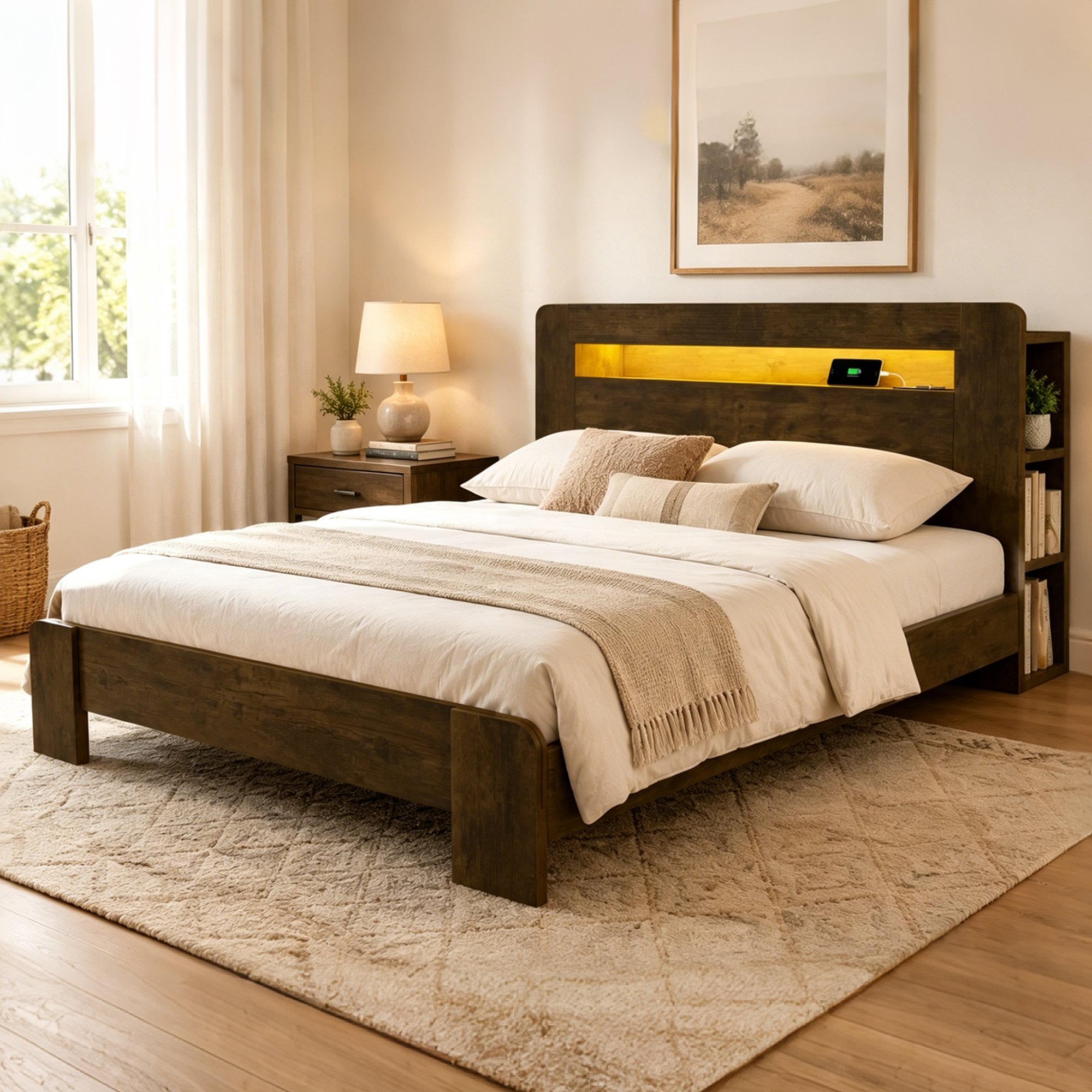 Lit coffre 140x200 en bois avec rangement, LED et prises intégrées, style vintage