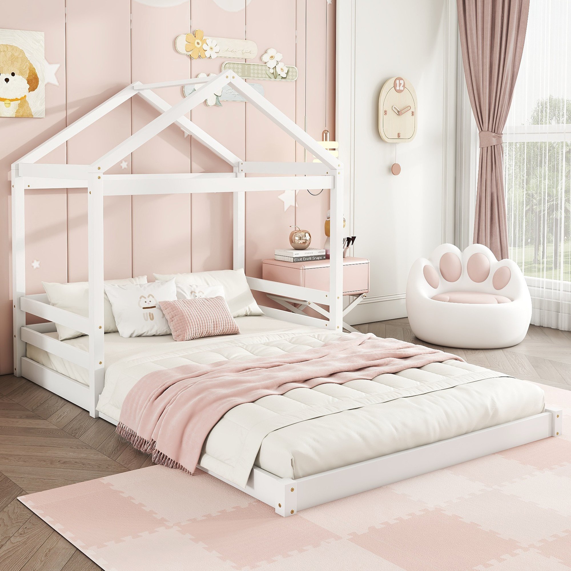 Lit cabane enfant avec sommier intégré et design maison, 140x200 cm