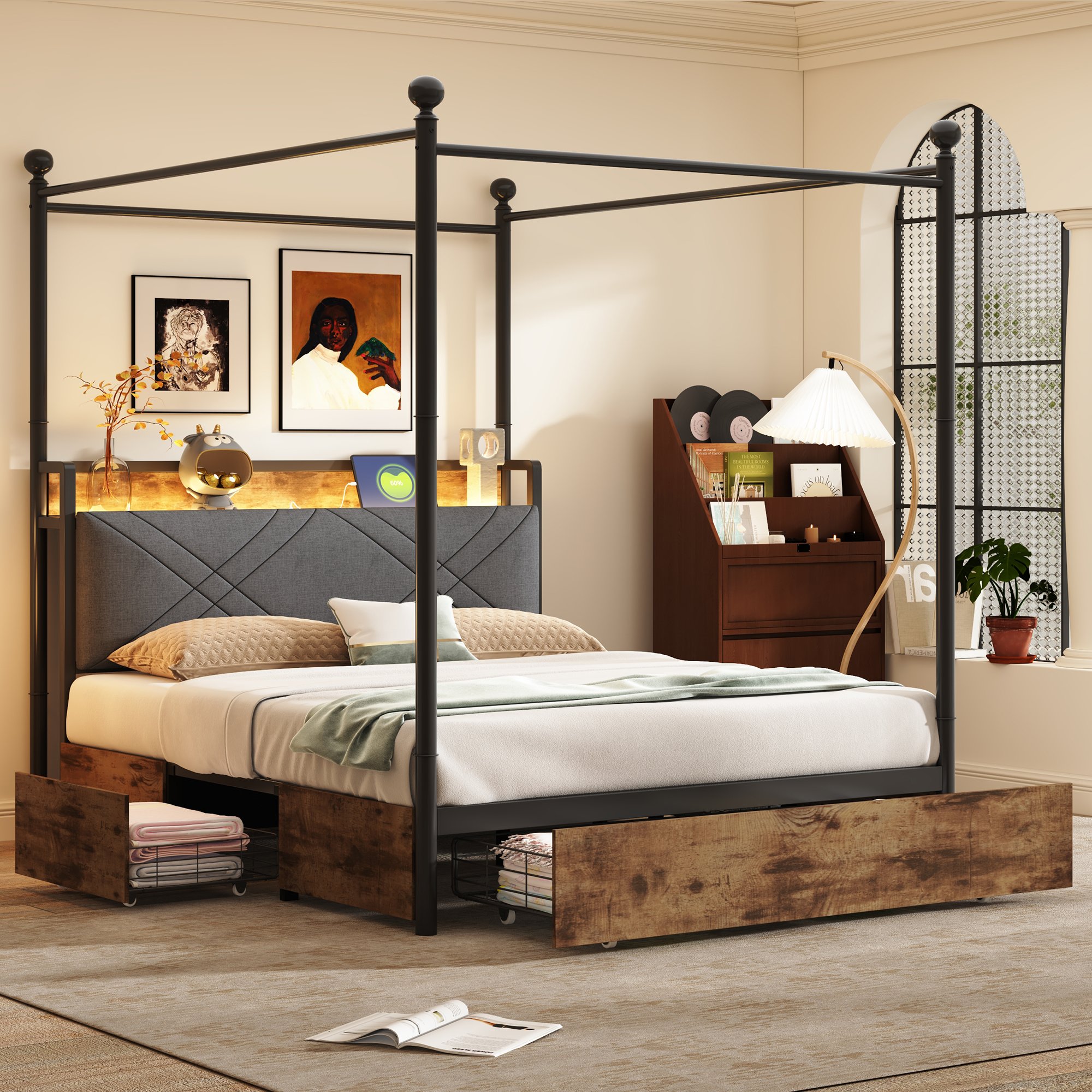 Lit coffre 140x190 en métal et bois avec tête de lit rembourrée et rangement intégré