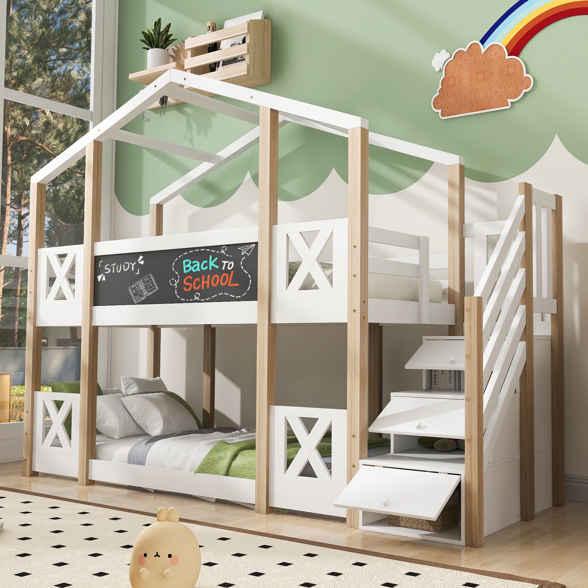 Lit superposé enfant 90x200 cm pin blanc et naturel avec échelle de sécurité et rangement intégré pour chambre d'enfant