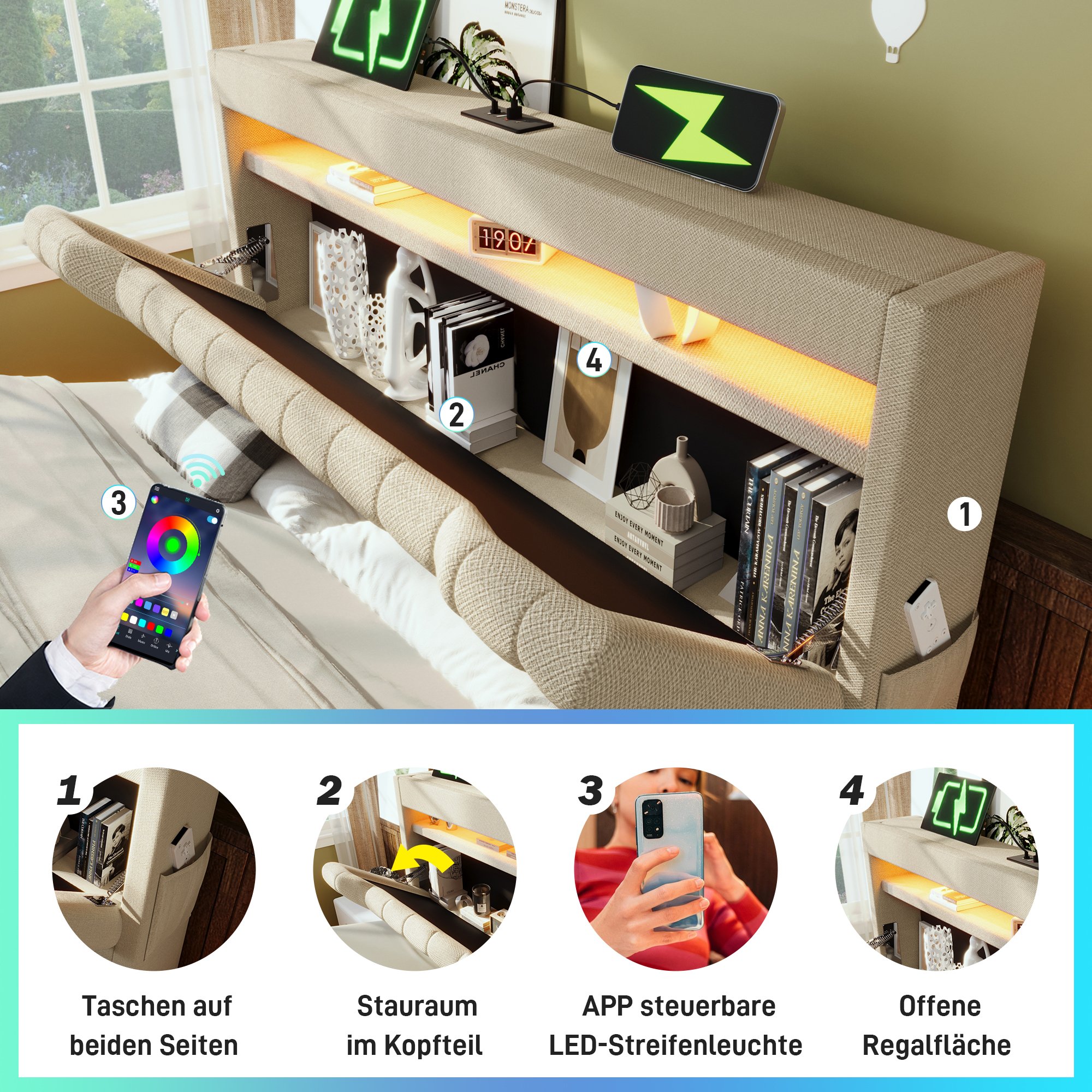 lit coffre 180x200 beige en tissu lin avec rangement hydraulique, LED, ports USB Type-C et sommier à lattes