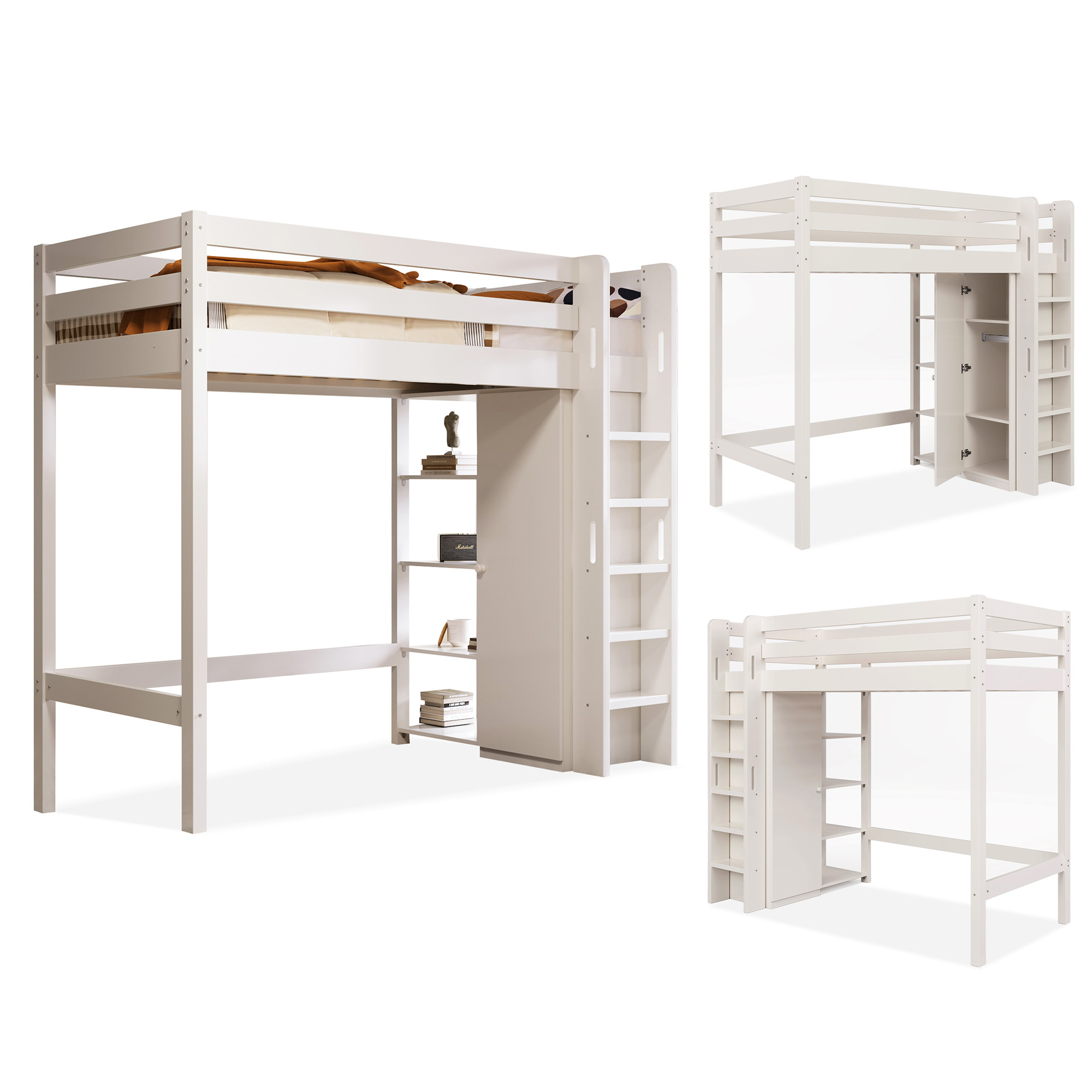 Lit mezzanine enfant en panneaux de particules E1 et bois massif, structure robuste blanche avec dressing et étagères ajustables