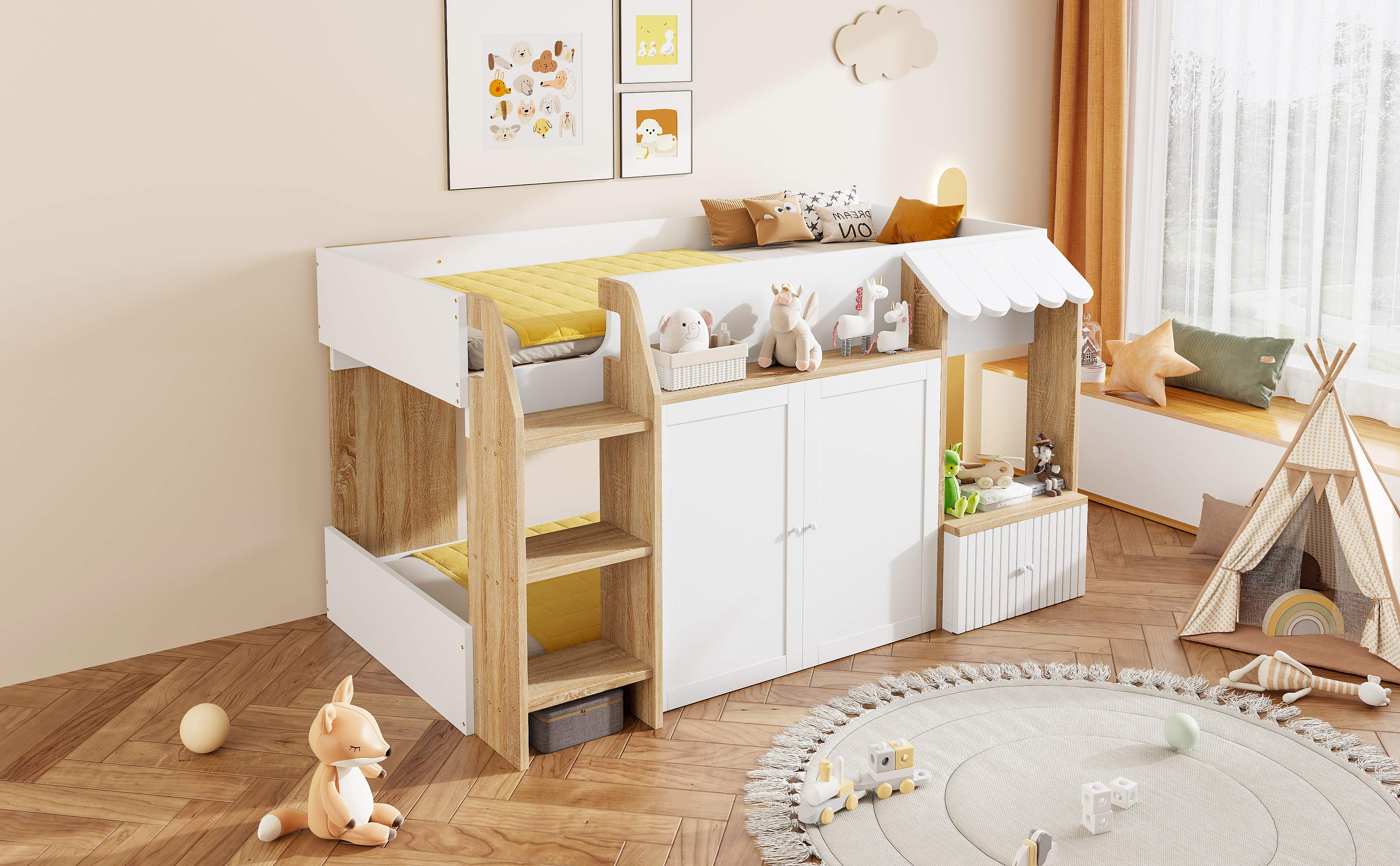 Lit cabane enfant 90x200 avec rangement, échelle et toit, sans matelas, blanc et bois