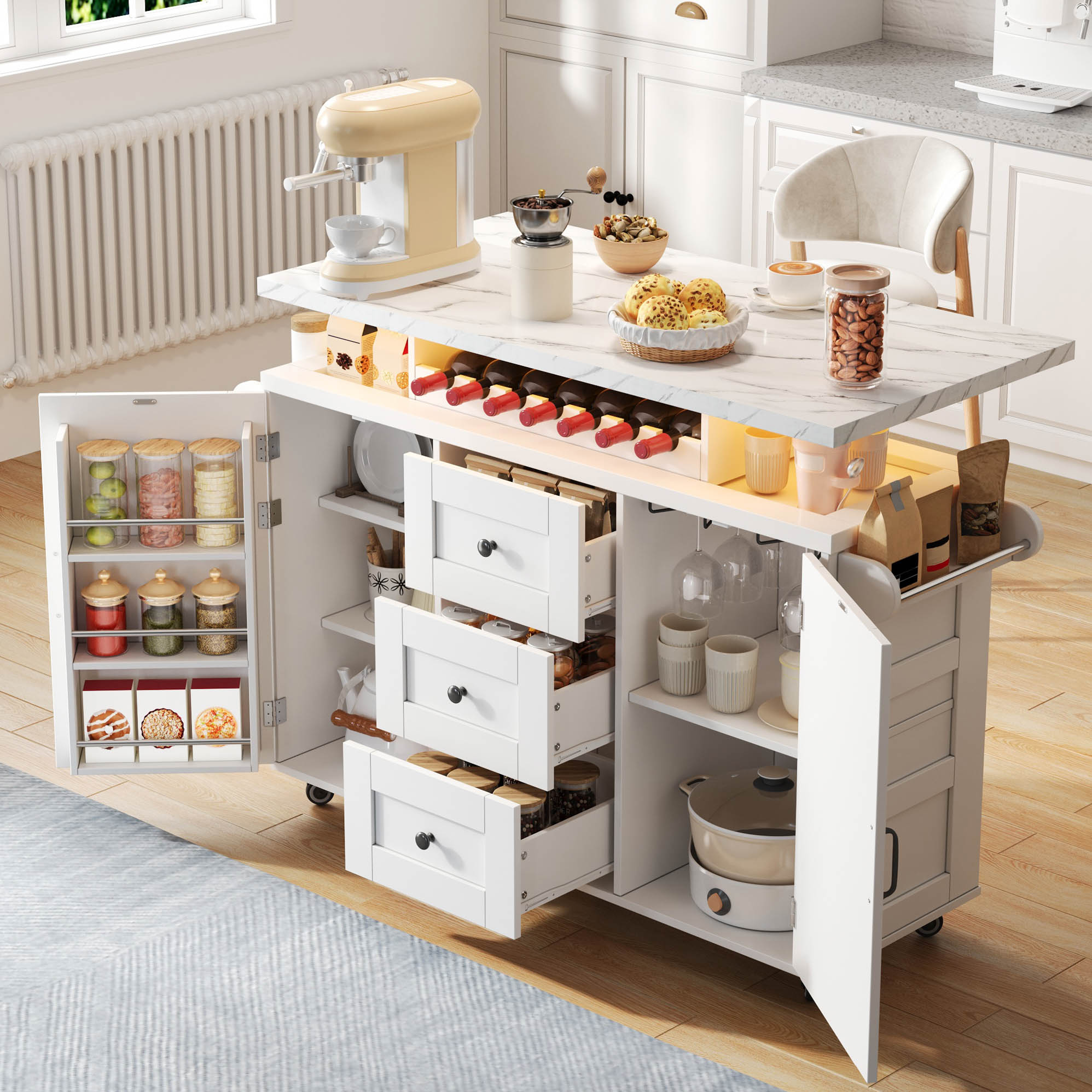 Îlot de cuisine blanc sur roulettes avec plan de travail rabattable, rangement, porte-bouteilles et LED, 120x60x93 cm