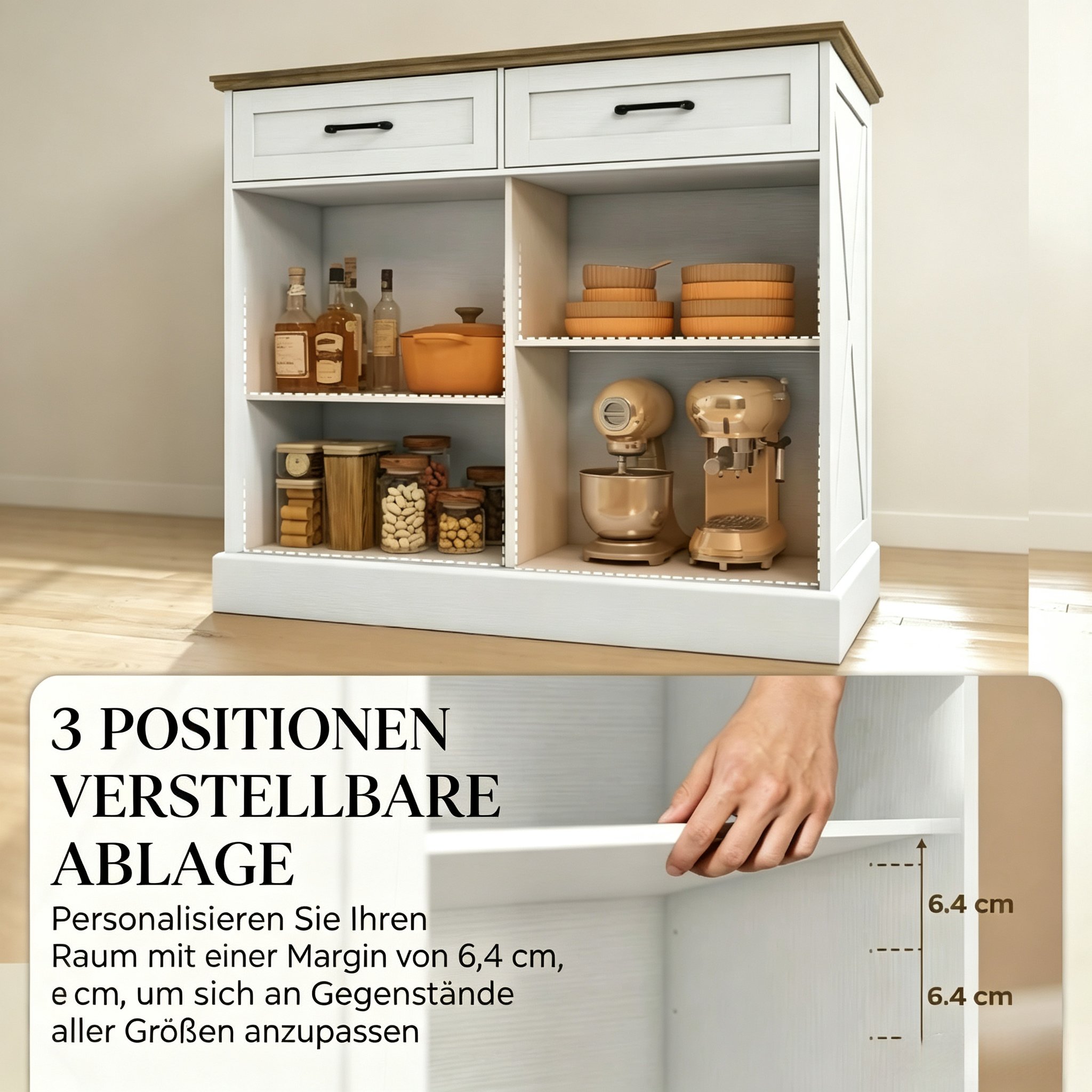 Îlot de cuisine en panneaux de particules et Panneau composite de fibres de bois à densité, blanc et brun antique, 106x57x92 cm, avec 2 tiroirs et armoire coulissante