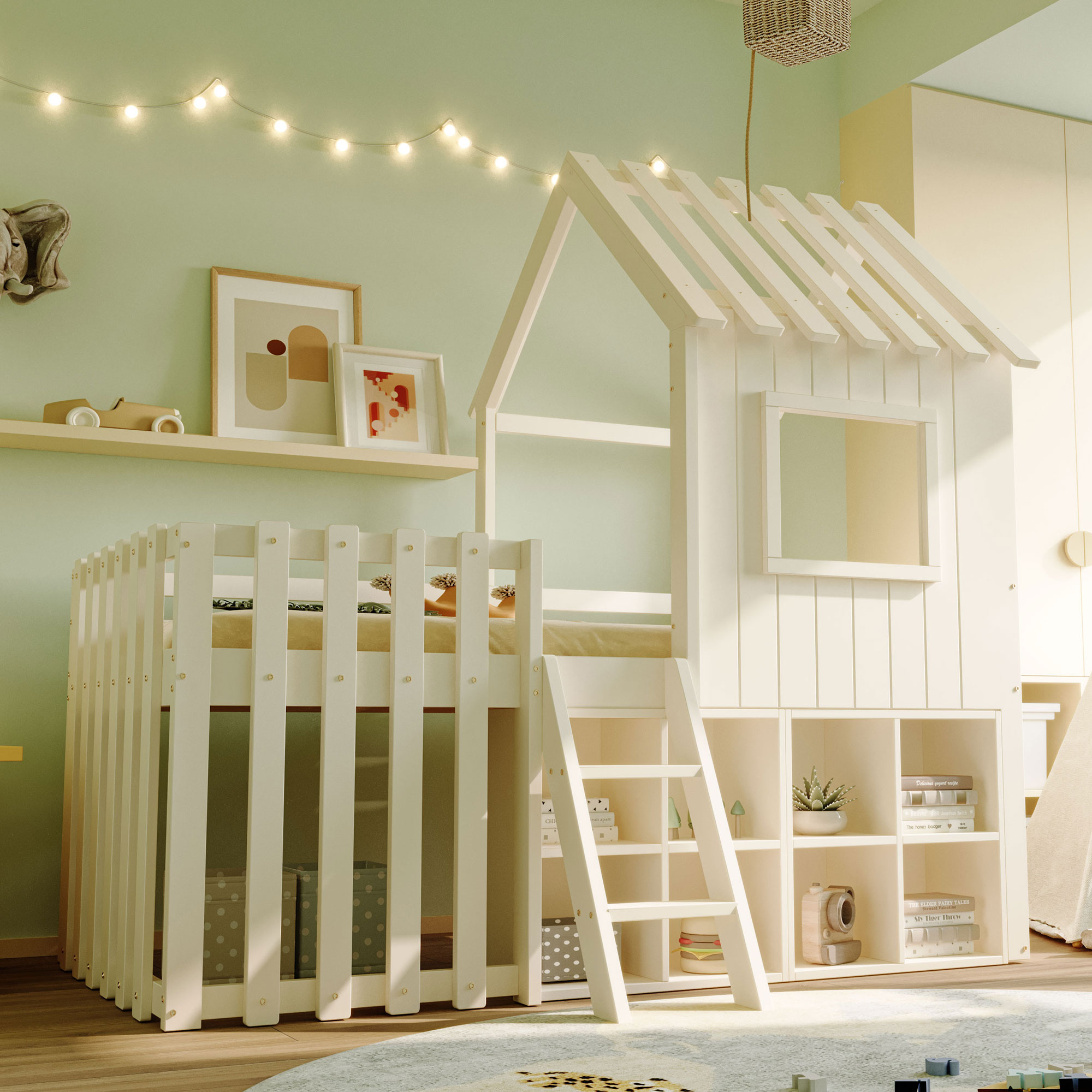 Lit cabane enfant 90x200 avec rangement, échelle et fenêtres, bois massif blanc
