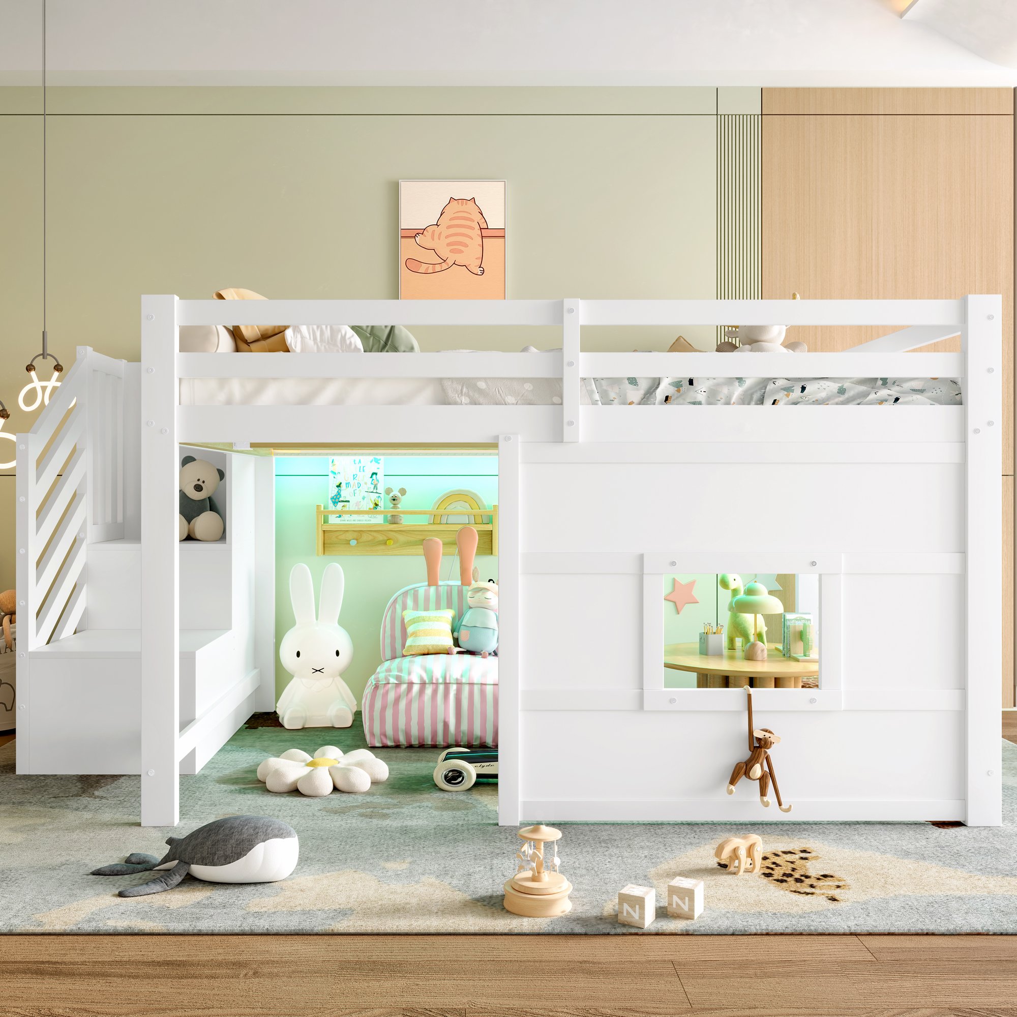 Lit mezzanine 140x200 en pin et Panneau composite de fibres de bois à densité avec escalier de rangement, fenêtre et LED, blanc