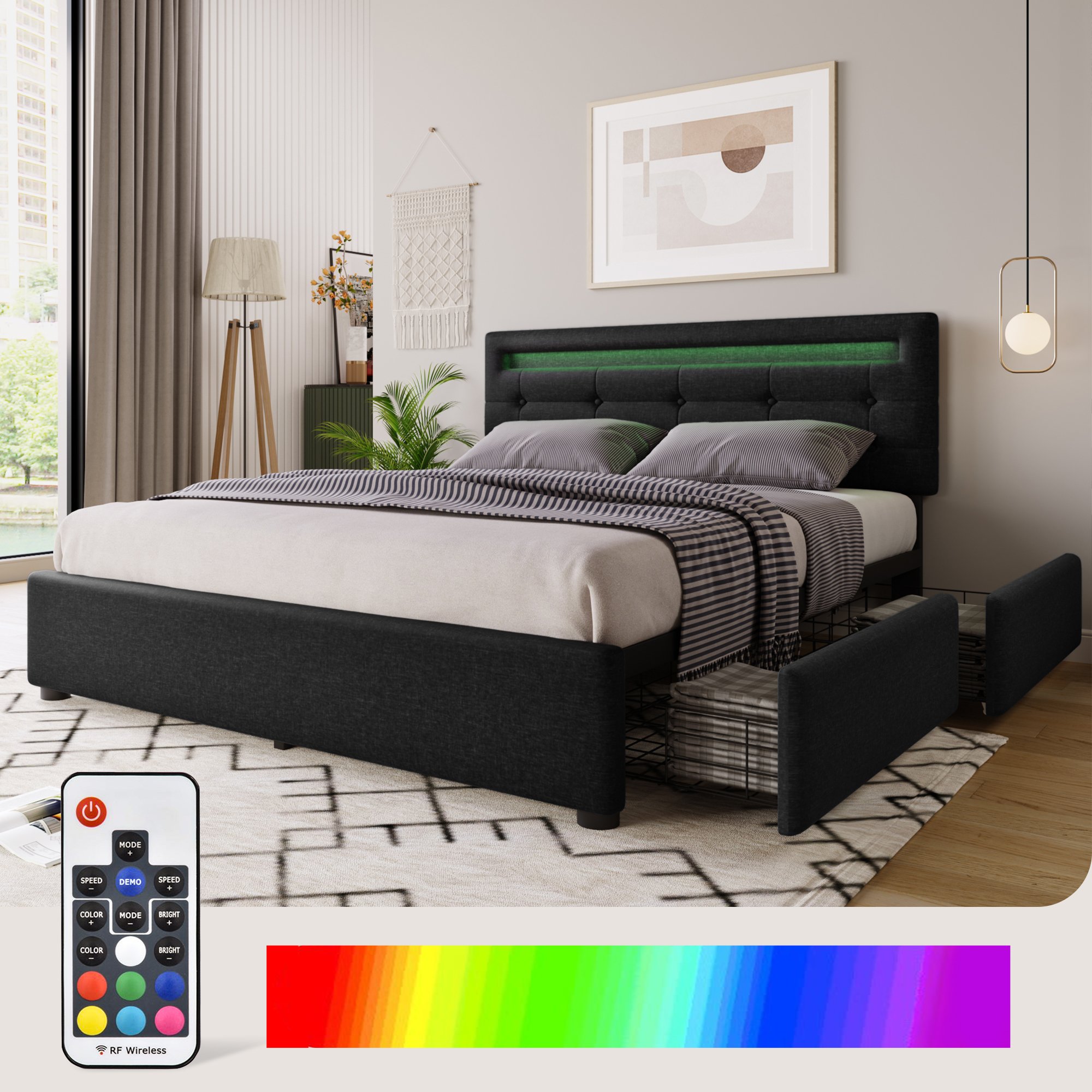 Lit double rembourré 140x200 avec LED, sommier à lattes et matelas inclus, noir, 4 tiroirs de rangement