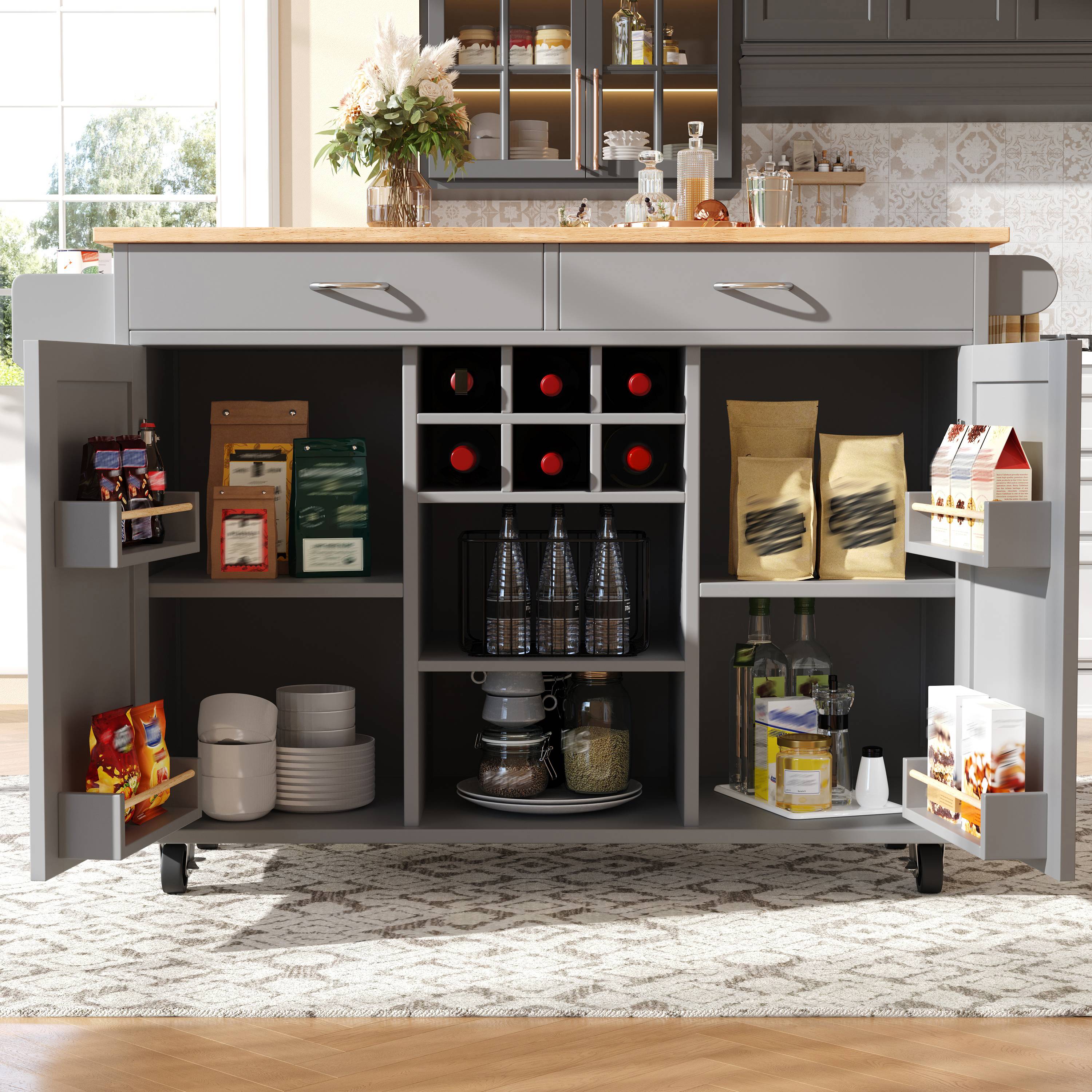 Îlot de cuisine avec rangement et roulettes, gris, en Panneau composite de fibres de bois à densité et métal, avec étagères réglables et porte-bouteilles, 102x45x92 cm