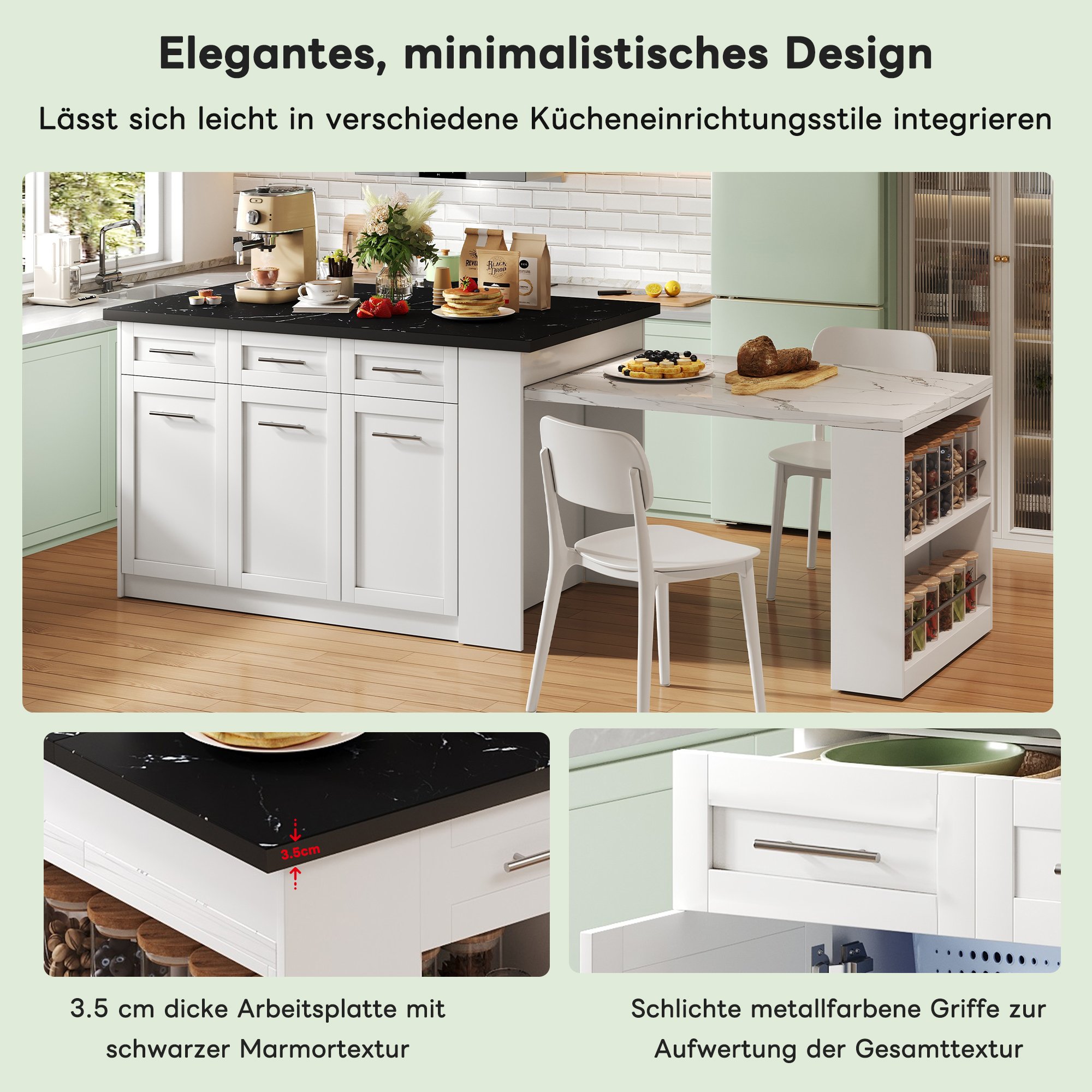 Îlot de cuisine avec table escamotable et rangements intégrés, blanc, plan de travail marbre, 150x90x90 cm, 2 personnes