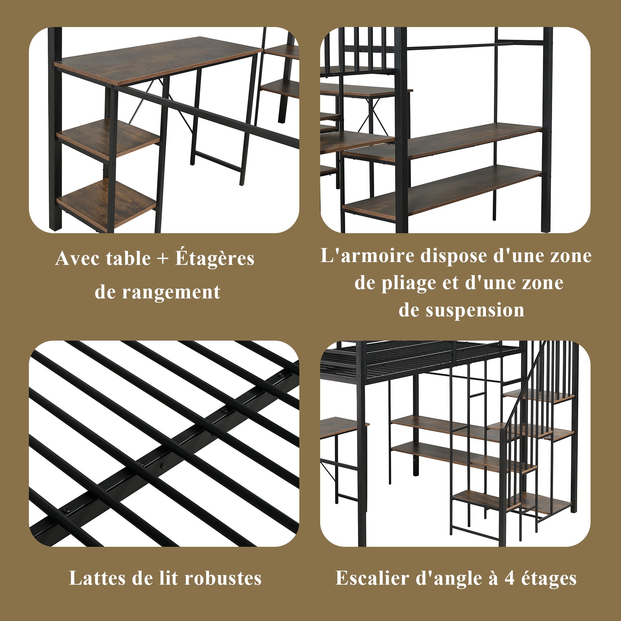 Lit superposé enfant 120x200 avec rangement, bureau et penderie, échelle d'angle, certifié EN747