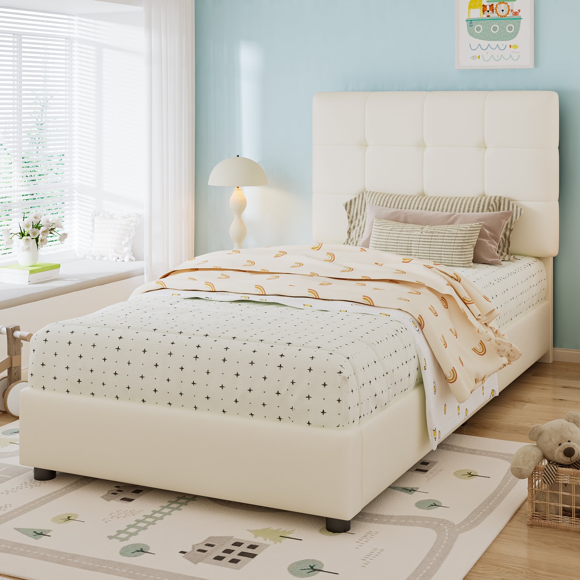 Lit capitonné 90x200 en PU, fer et mousse avec sommier à lattes, beige
