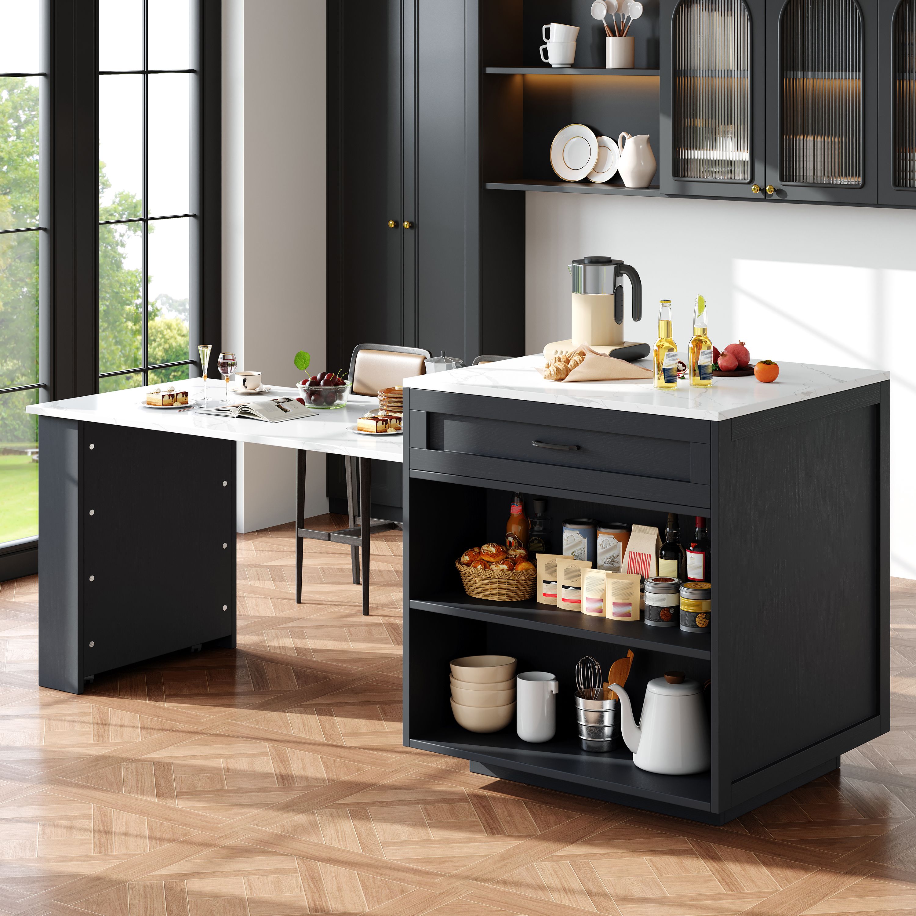 Îlot de cuisine extensible 133-202 cm avec rangement, noir, Panneau composite de fibres de bois à densité, 2 tiroirs et 4 étagères, table de bar pour 2-6 personnes