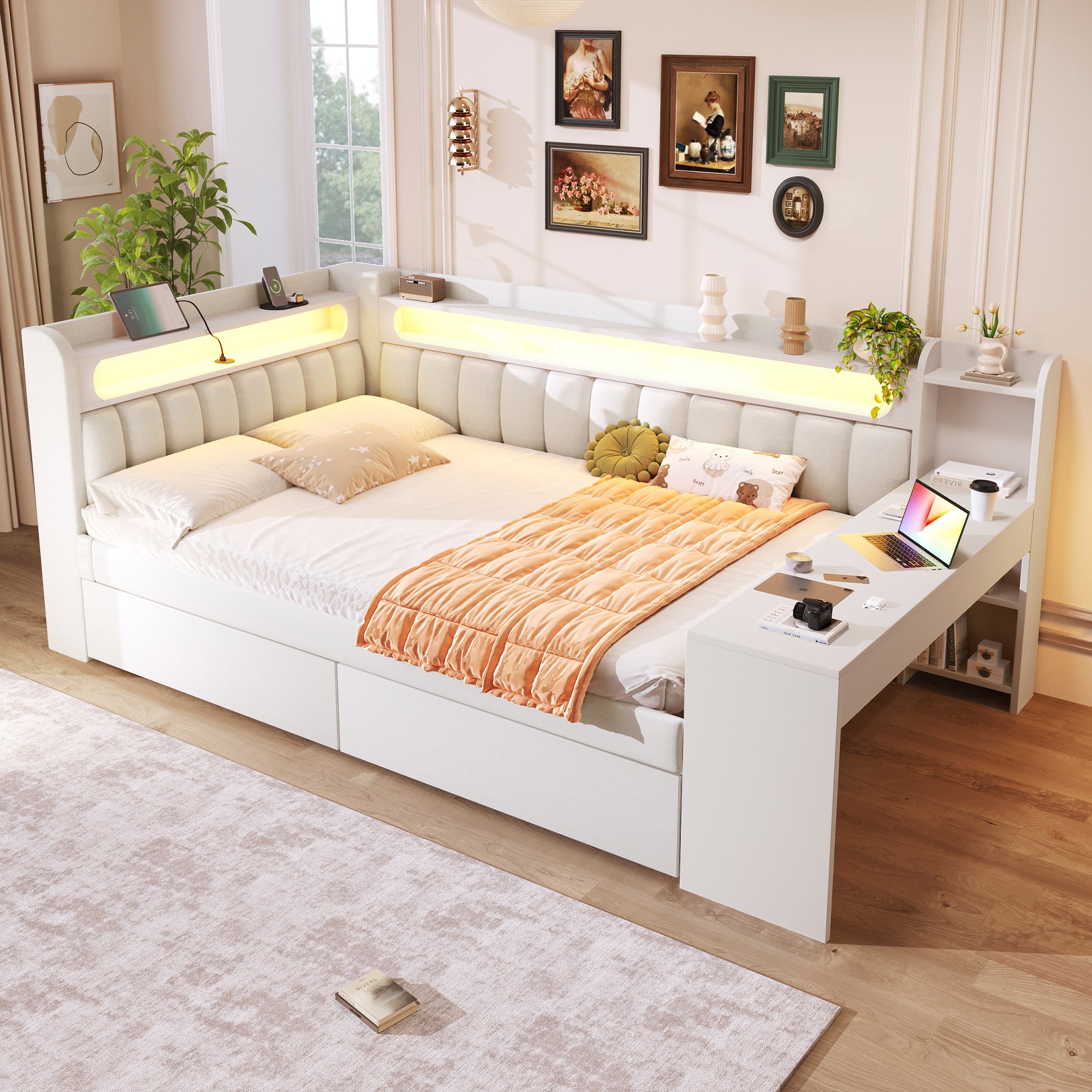Lit coffre 140x200 avec LED et USB, bureau intégré et rangements