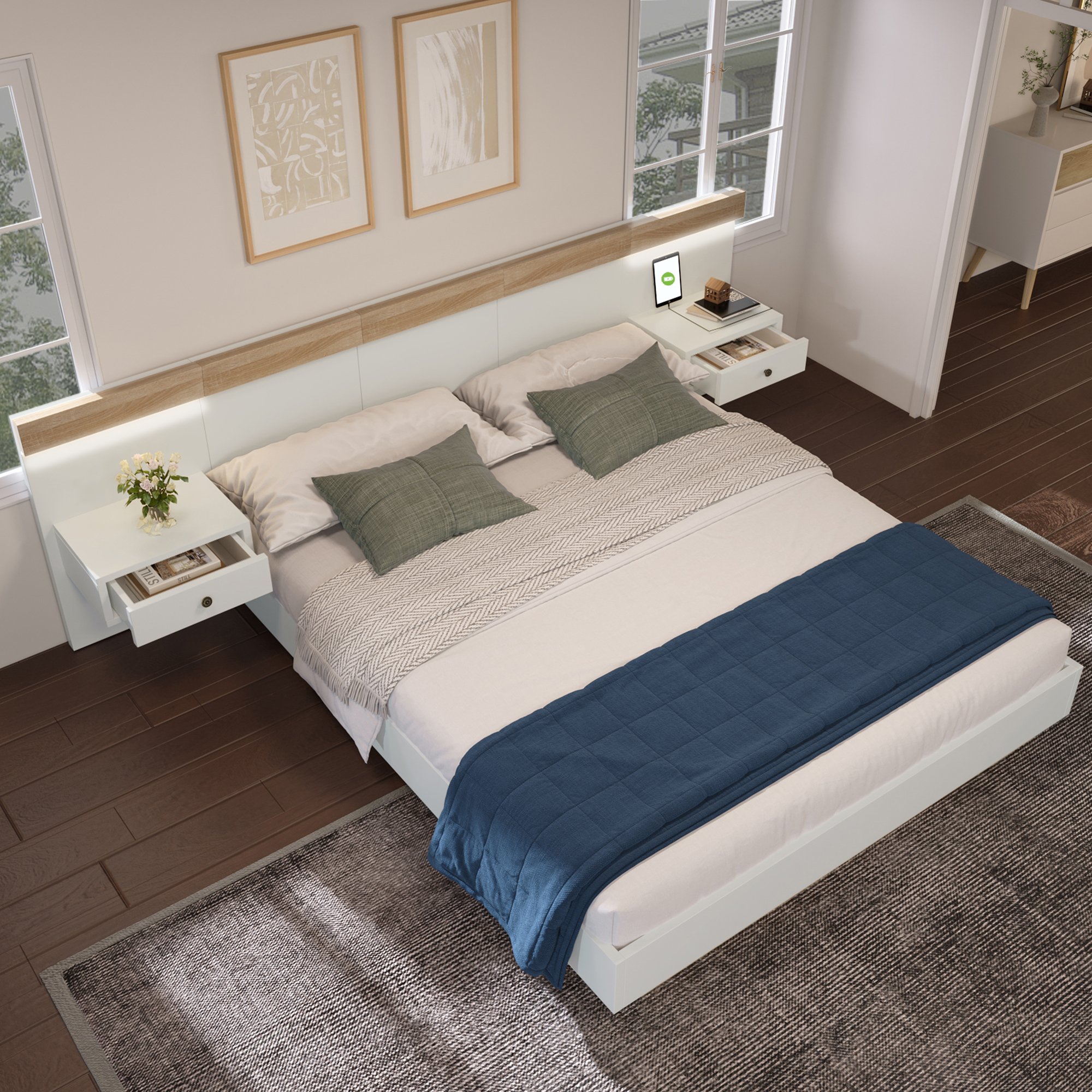Lit double 160x200 pour 2 personnes, hauteur tête de lit 90cm, LED, USB Type-C, sommier à lattes et tables de nuit