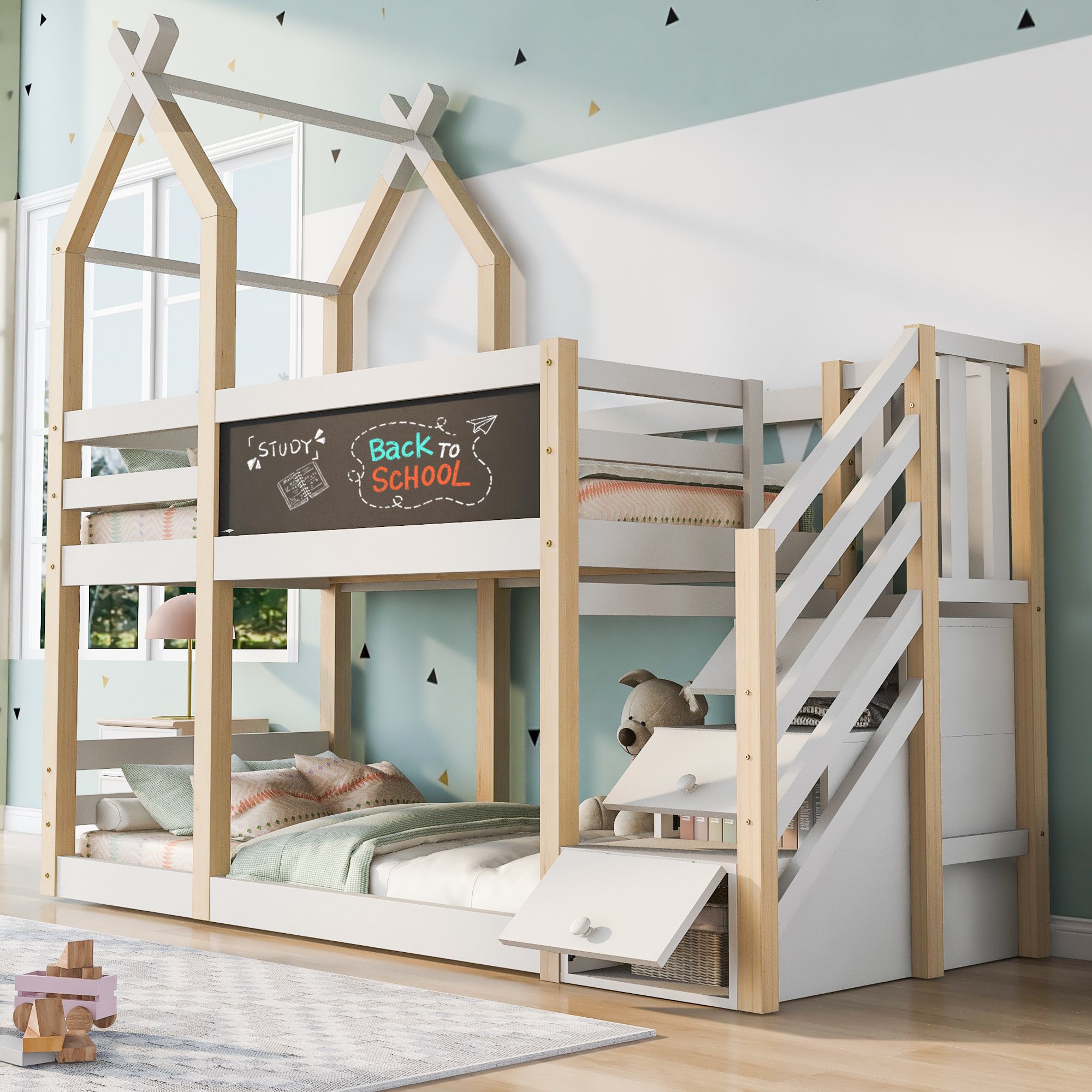 Lit superposé enfant 90x200 en pin massif et Panneau composite de fibres de bois à densité blanc avec rangement intégrée et tableau noir, design maisonnette sécurisé