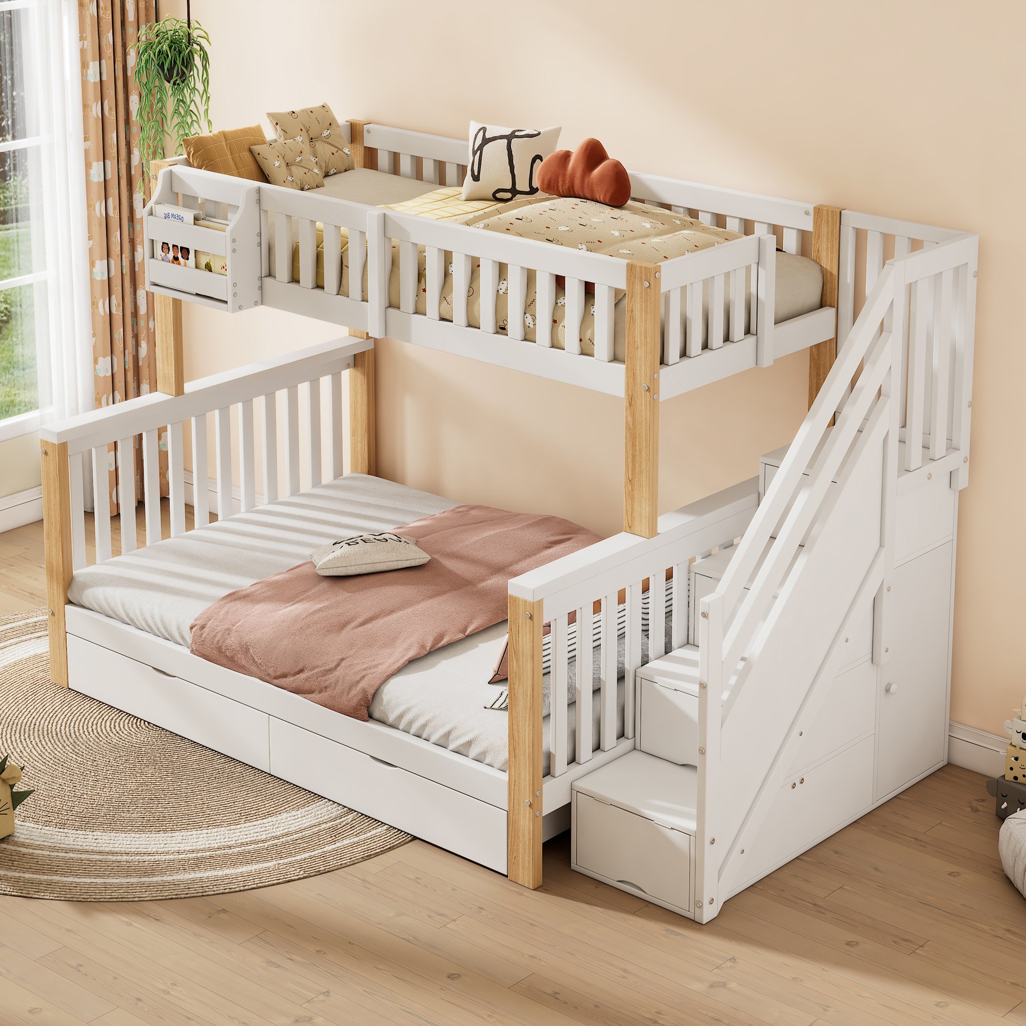 Lit superposé enfant en bois massif blanc et naturel avec escalier de rangement, tiroirs et sommier à lattes, sans matelas