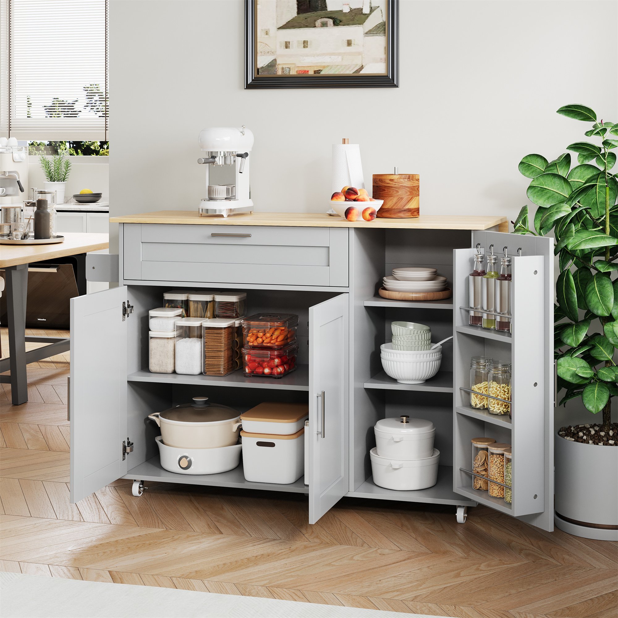 Îlot de cuisine sur roulettes avec plan extensible, rangement spacieux, porte-serviettes, gris, 132,5x44(70)x90 cm