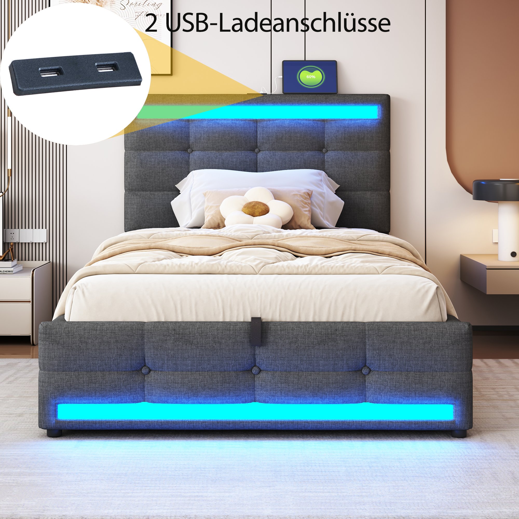 Lit coffre 90x200 avec rangement hydraulique, LED RGB et USB, tête de lit réglable pour un confort optimal