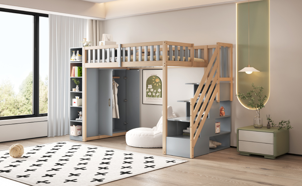 Lit mezzanine 90x200 cm avec placard intégré, étagères et échelle de rangement, pour enfant et adolescent