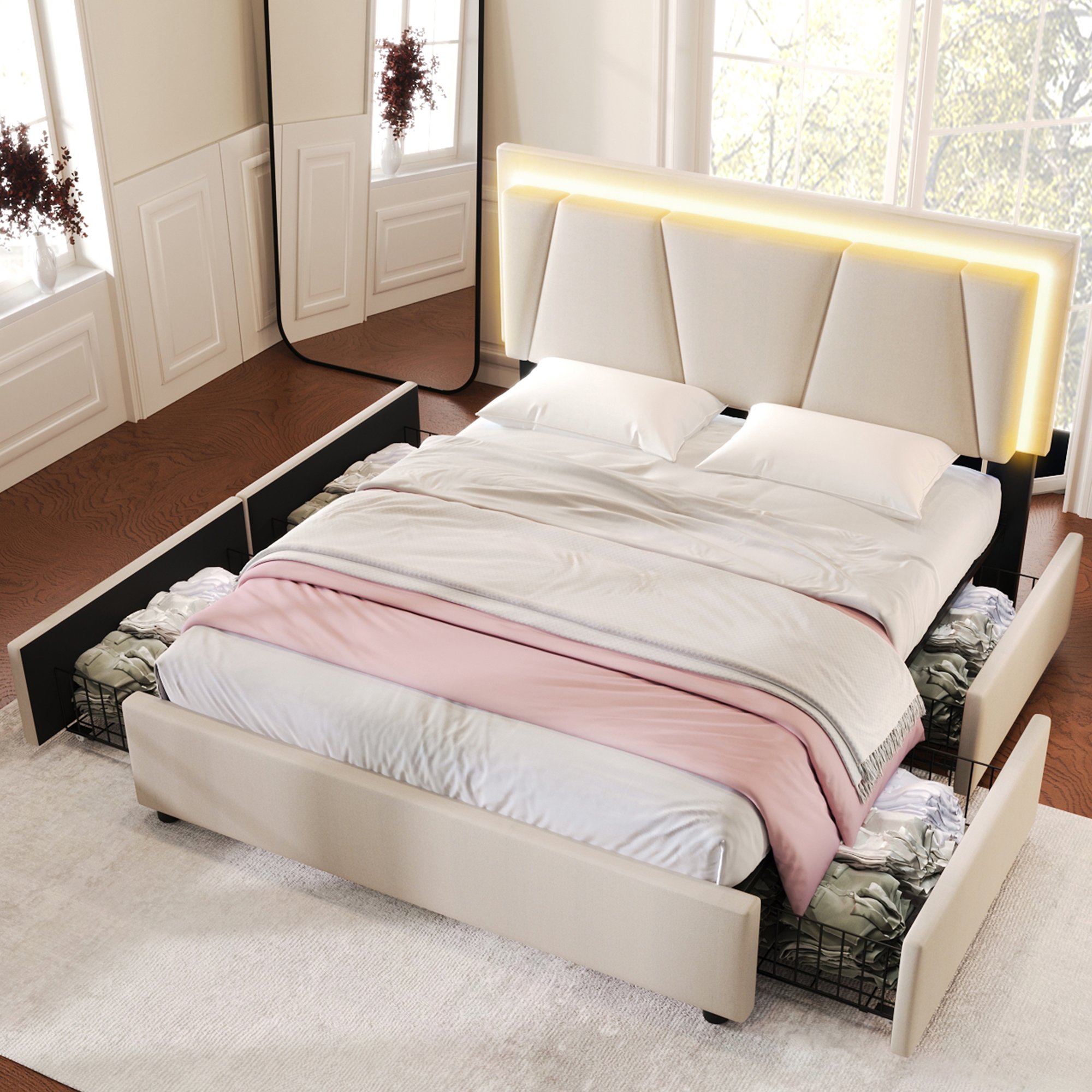 Lit double rembourré 140x200 avec LED et télécommande, 4 grands tiroirs de rangement sous le lit et sommier à lattes