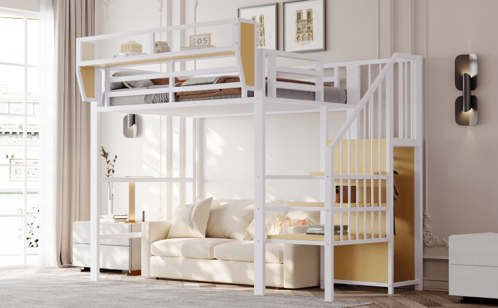 Lit mezzanine 90x200 en métal blanc avec échelle de sécurité et rangement flexible