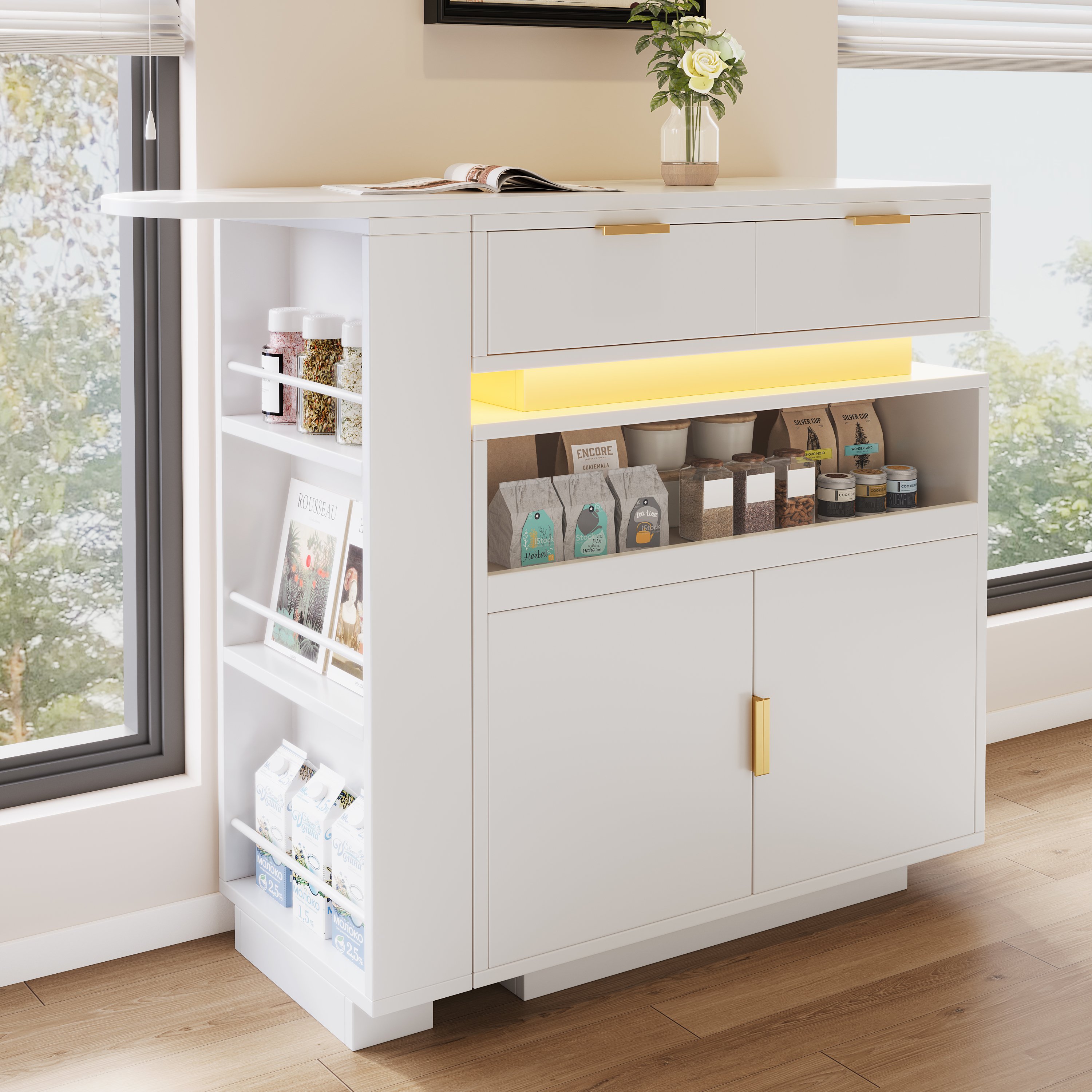 Îlot de cuisine en Panneau composite de fibres de bois à densité blanc avec plan de travail extensible, rangement, LED, rotation 360°, bar de cuisine, 115-183 cm