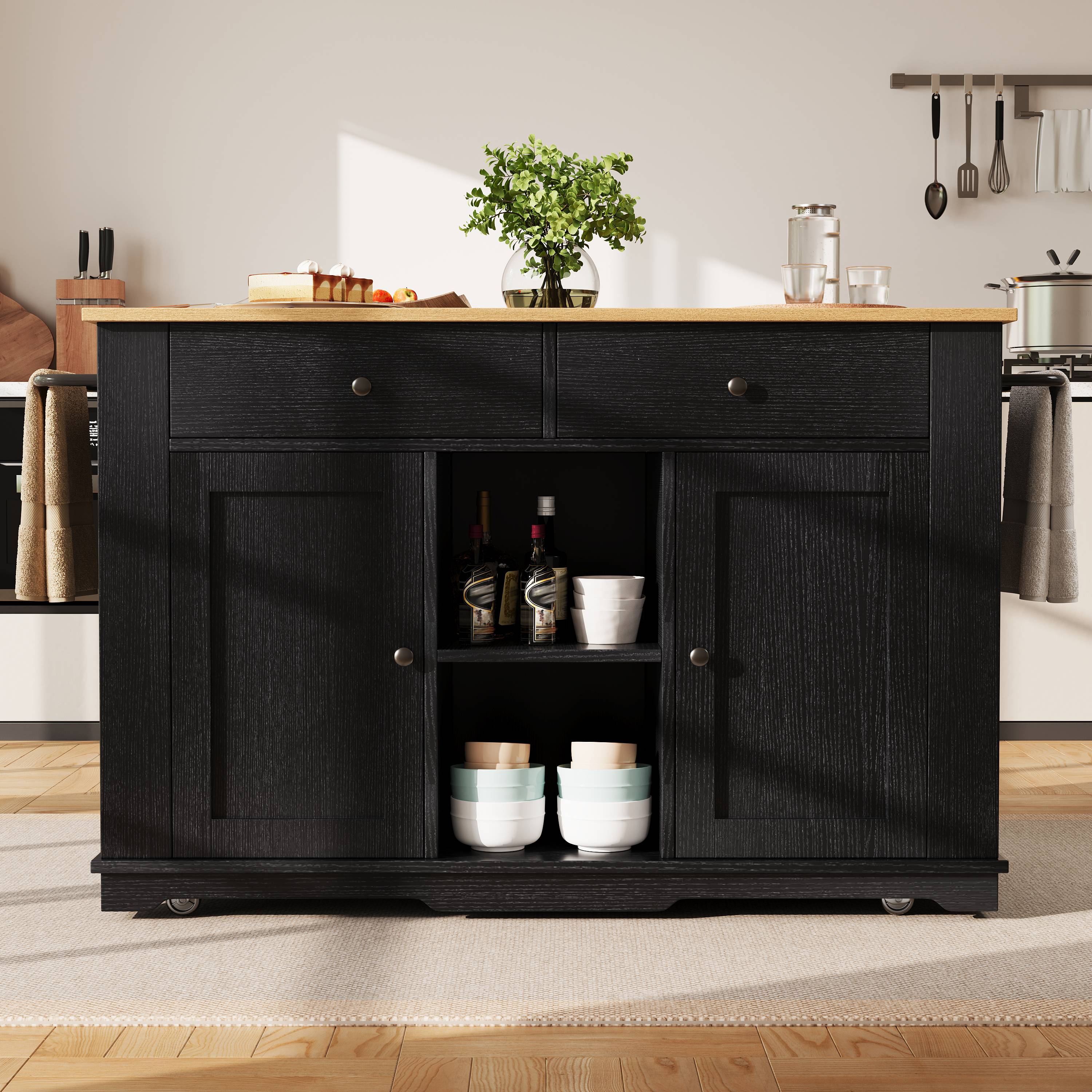 Îlot de cuisine en Panneau composite de fibres de bois à densité et métal, avec table pliante, prises électriques, rangements spacieux, noir et bois, 151,5 cm