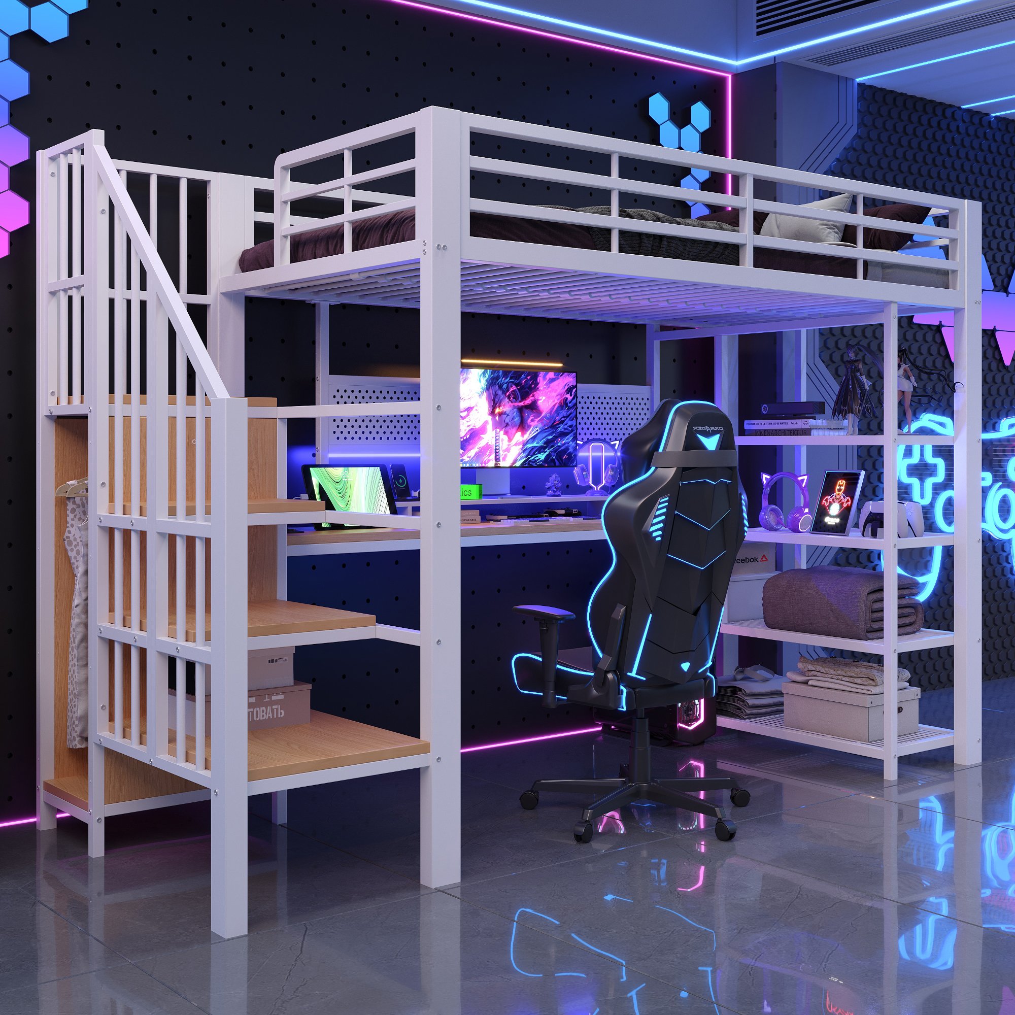 Lit mezzanine 90x200 avec bureau et rangements, métal blanc, LED et prises intégrées