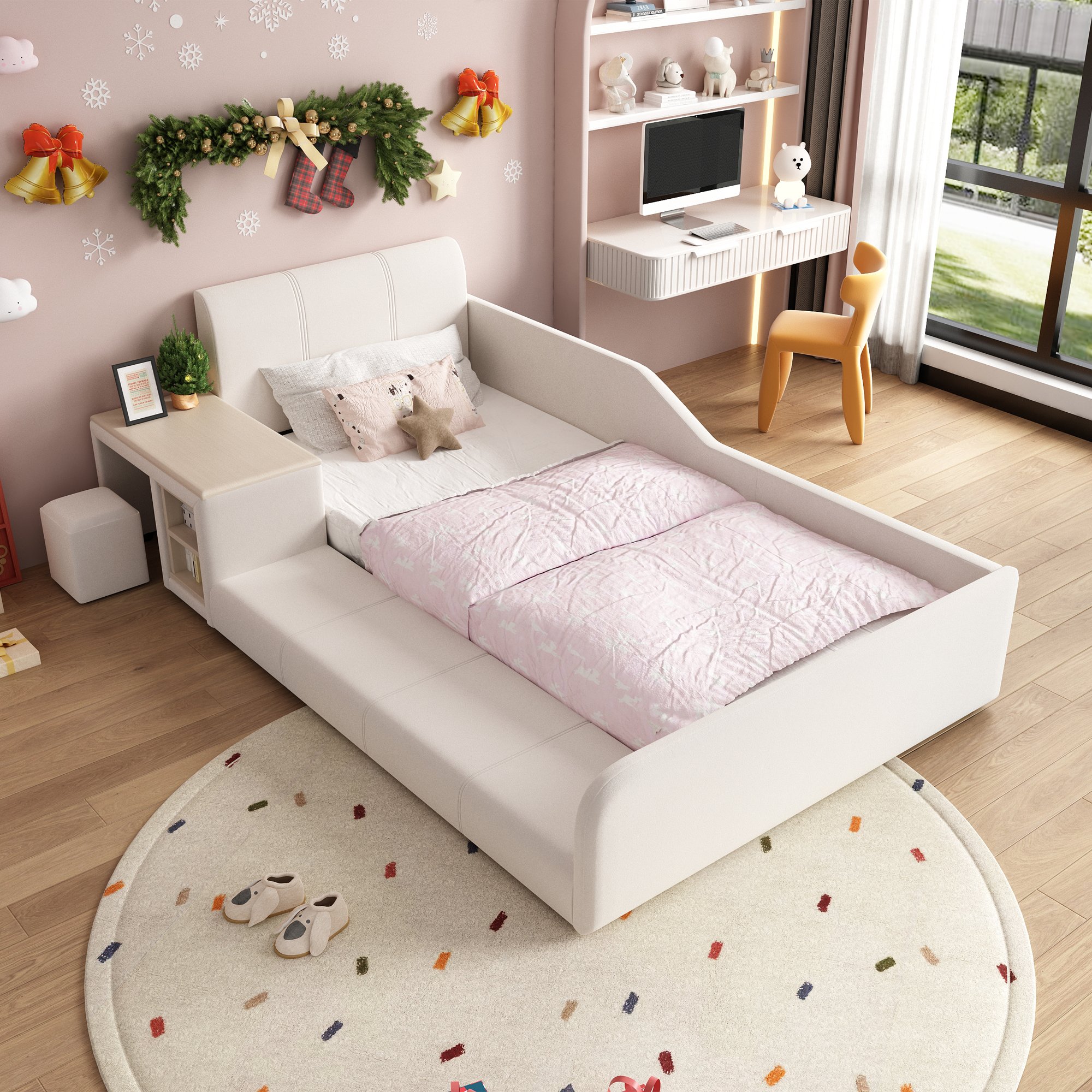 Lit enfant avec bureau intégré et rangement, 90x200, velours blanc