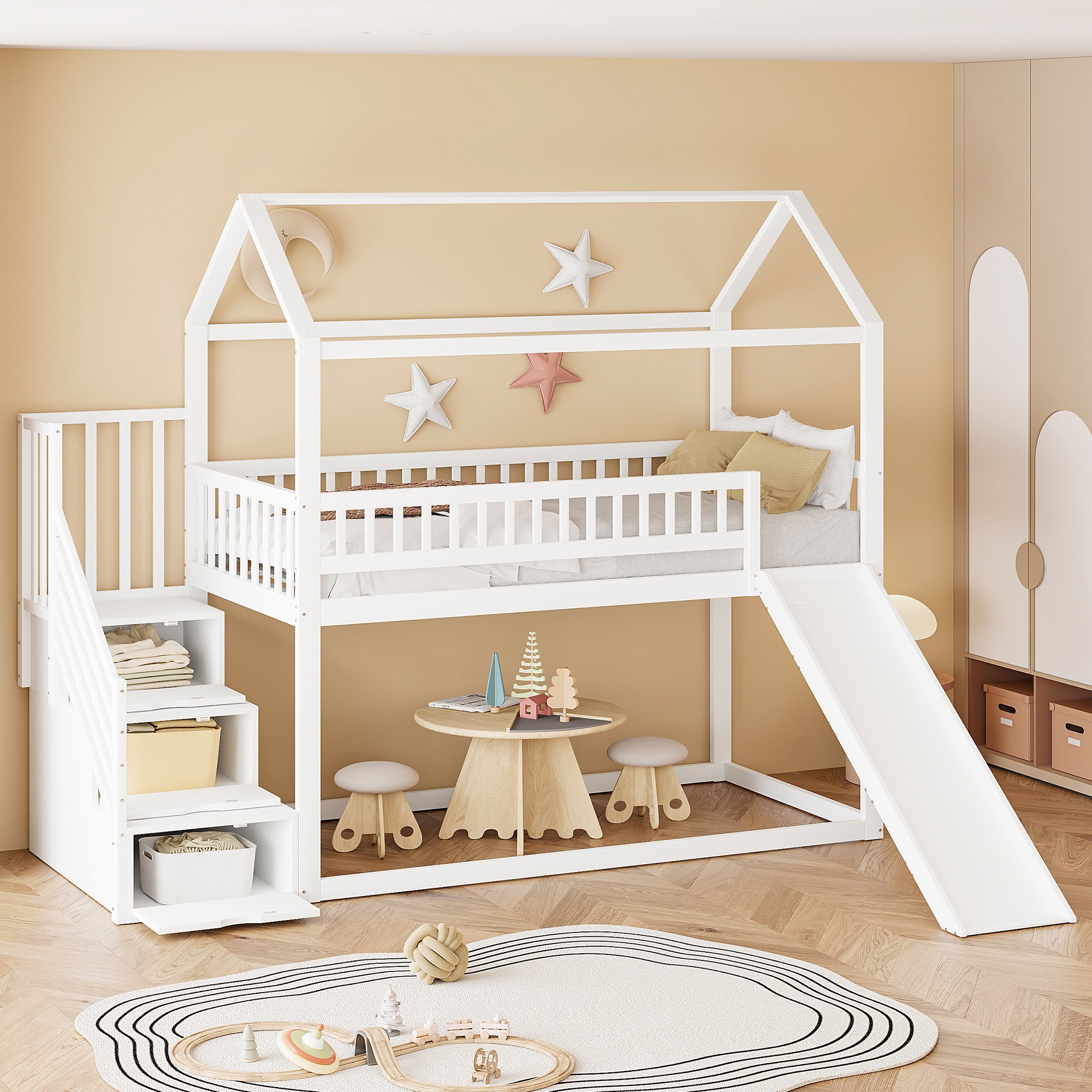 Lit mezzanine enfant 90x200 blanc avec toboggan, échelle de rangement et barrière de sécurité en bois massif