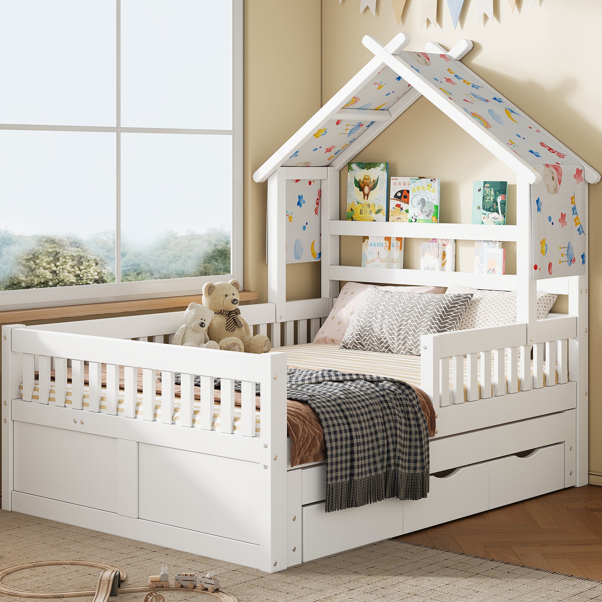 Lit gigogne 140x200 avec 3 tiroirs et lit d'appoint, blanc, avec barrières de sécurité