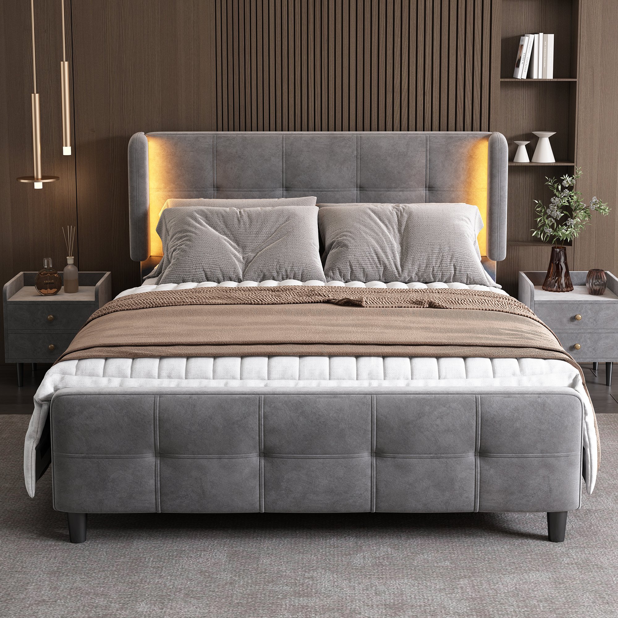 Lit capitonné 140x200 en velours gris avec tête réglable et LED intégrées