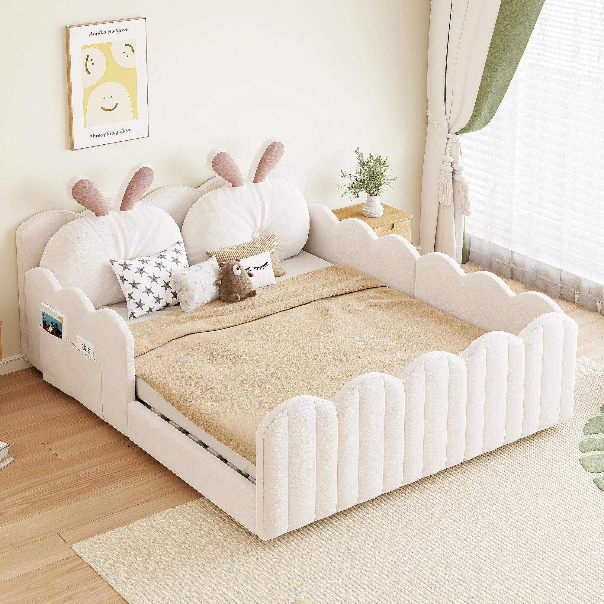 Lit rembourré 140x200 avec barrières de sécurité et tête de lit oreiller lapin, beige