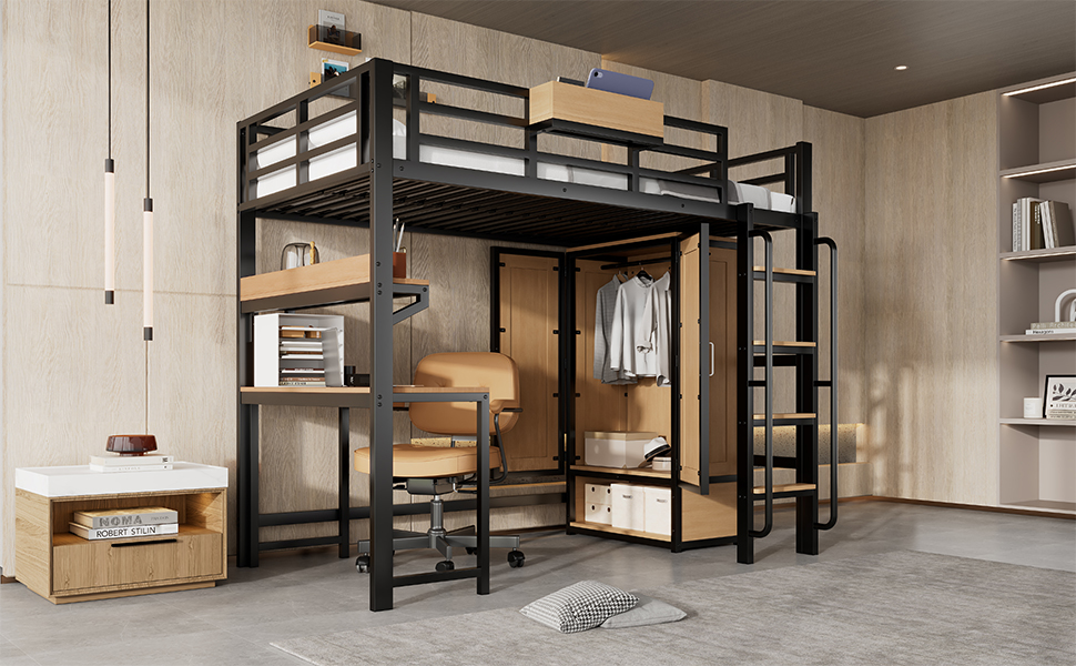 Lit mezzanine 90x200 en fer noir et bois avec placard, bureau et rangements