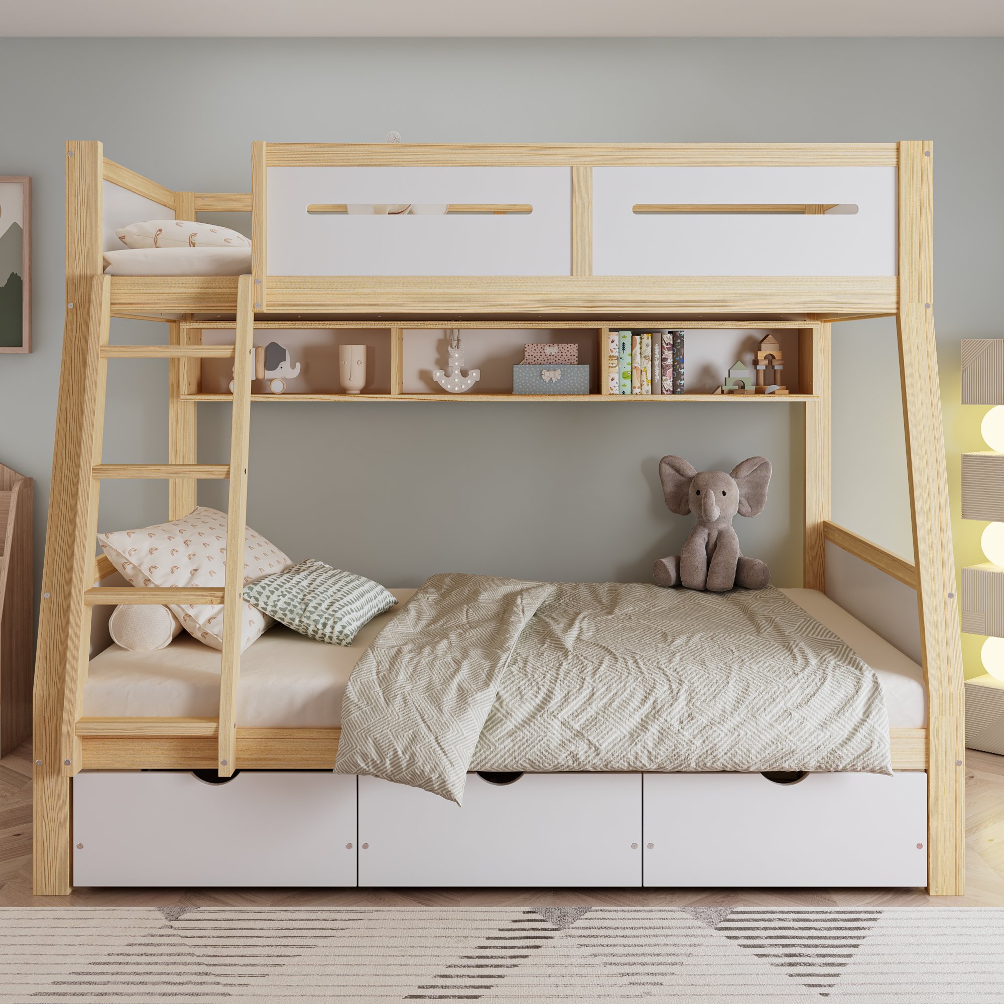 Lit superposé enfant 90x200 et 120x200 en pin blanc et naturel avec rangements et échelle