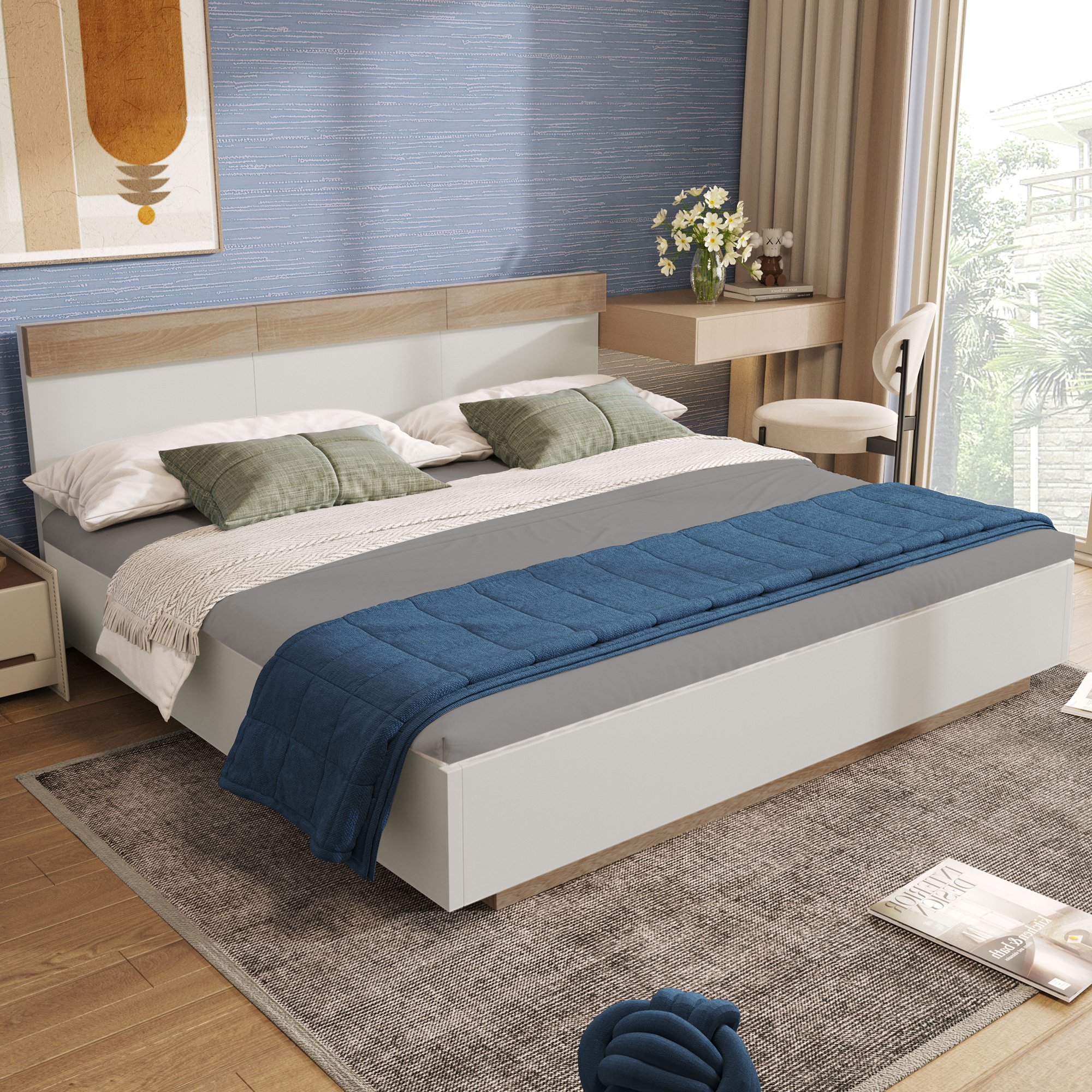Lit 180x200 avec sommier à lattes, cadre en bois blanc et chêne sonoma, tête de lit haute 90,5 cm, style moderne