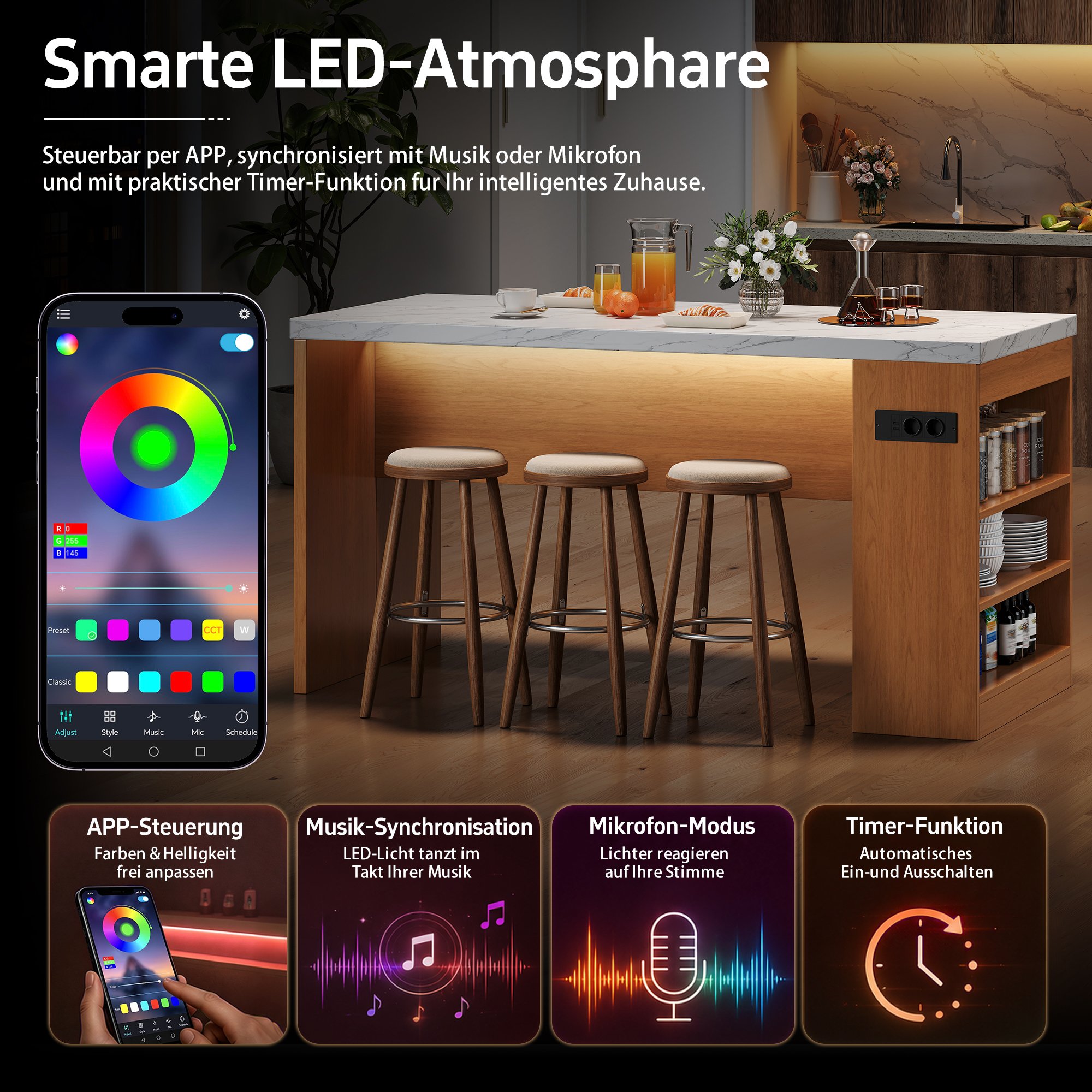 Îlot de cuisine avec éclairage LED intégré, prises AC et USB, rangements ouverts, plan de travail 40 mm, 155x80x90 cm