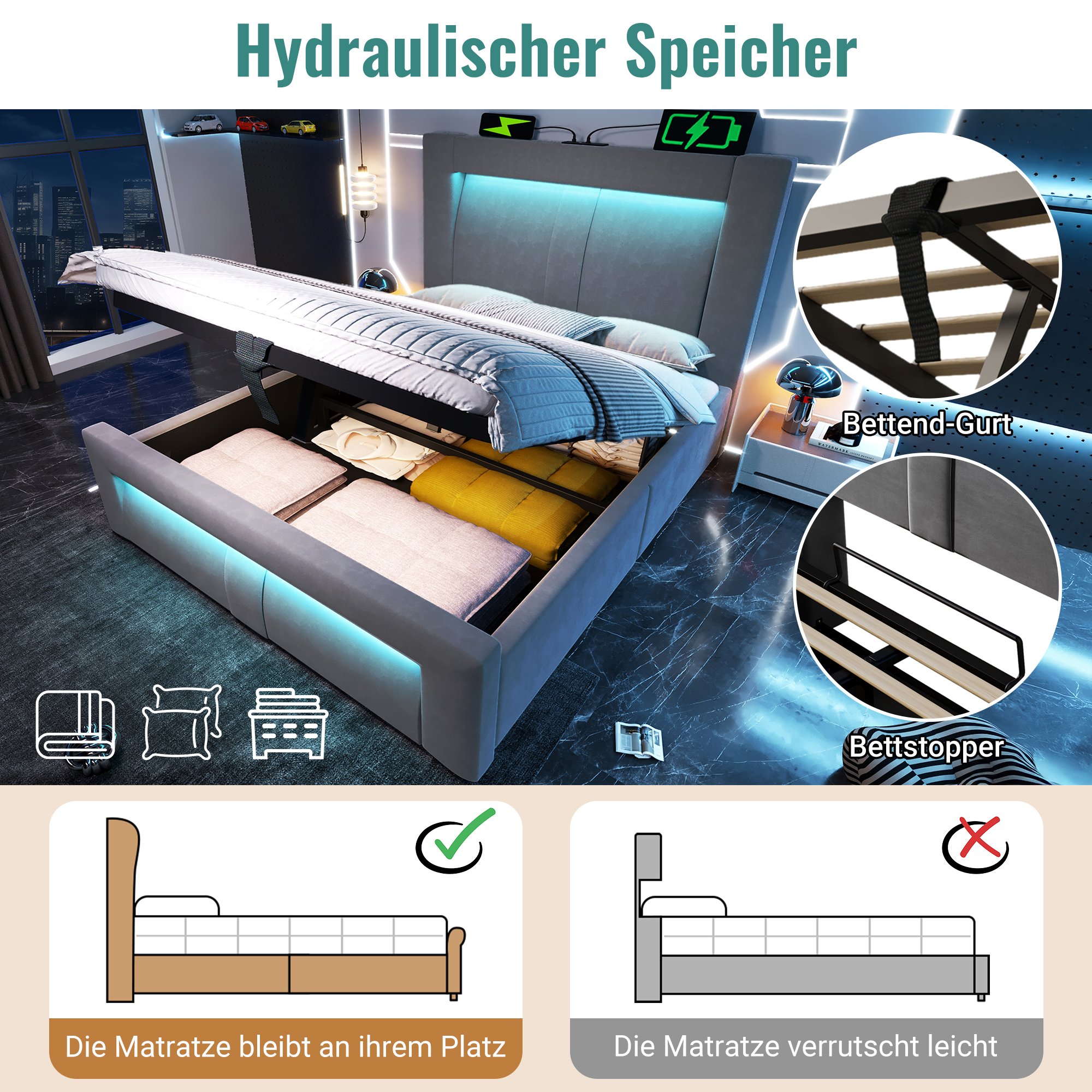 lit coffre 90x200 pour chambre adulte avec matelas 7 zones, rangement sous le couchage et design contemporain