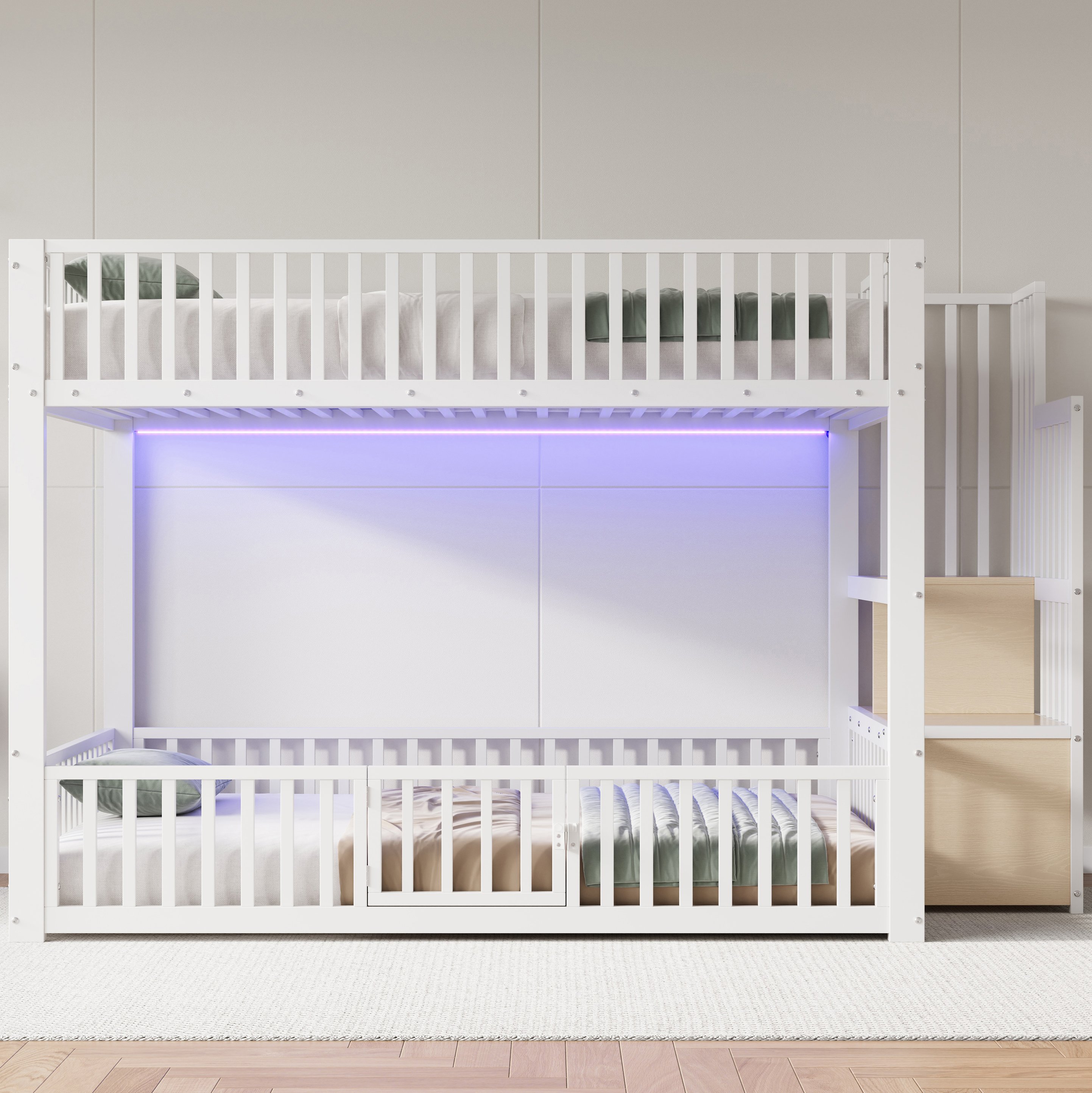 Lit superposé avec échelle de rangement et LED, 140x200, blanc