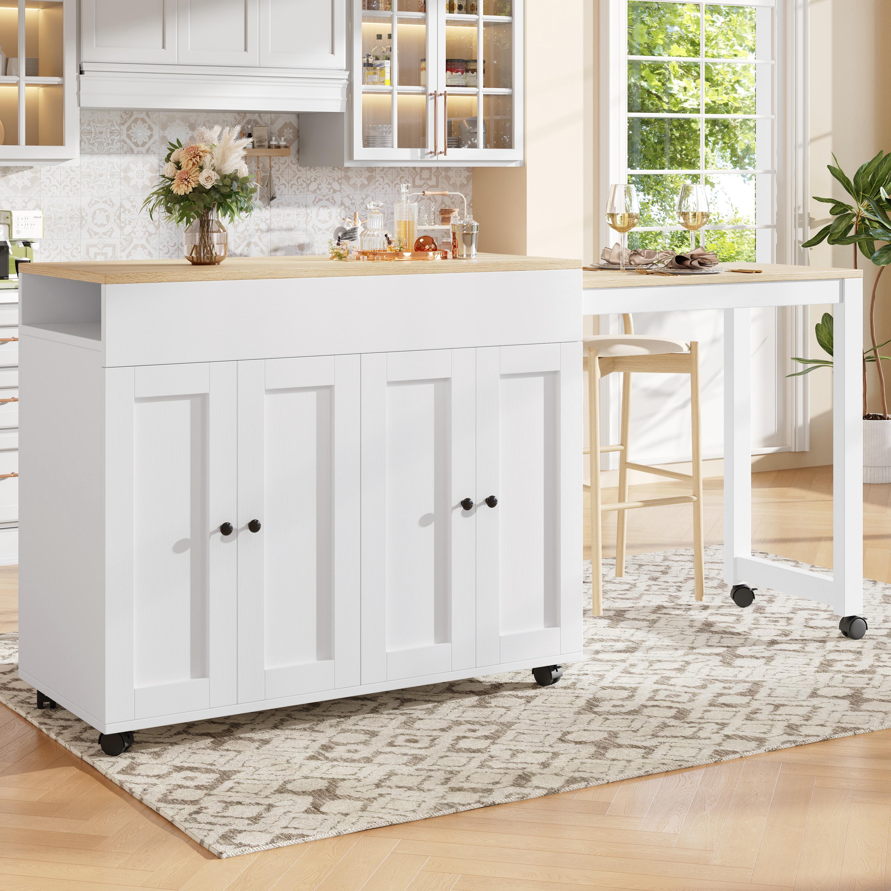 Îlot de cuisine extensible blanc avec rangement, table de bar en Panneau composite de fibres de bois à densité avec 6 étagères, pour cuisine et salle à manger