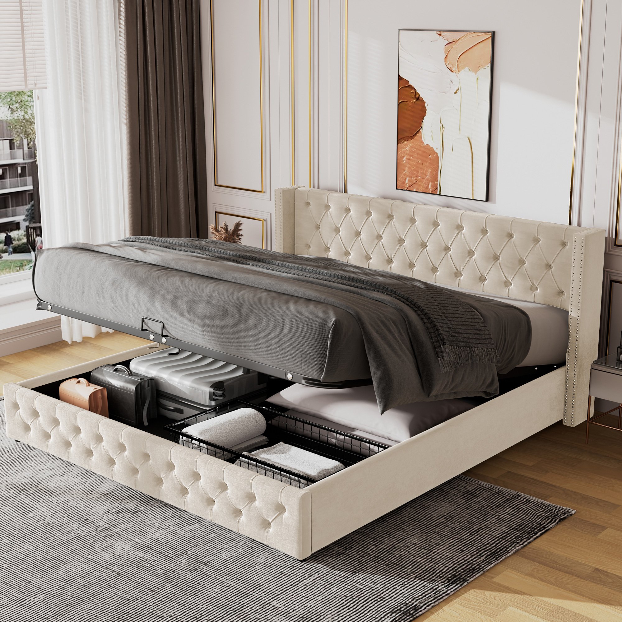 Lit rembourré 140x190 style Chesterfield en velours, lit coffre avec levier hydraulique pour accès au rangement sous le matelas