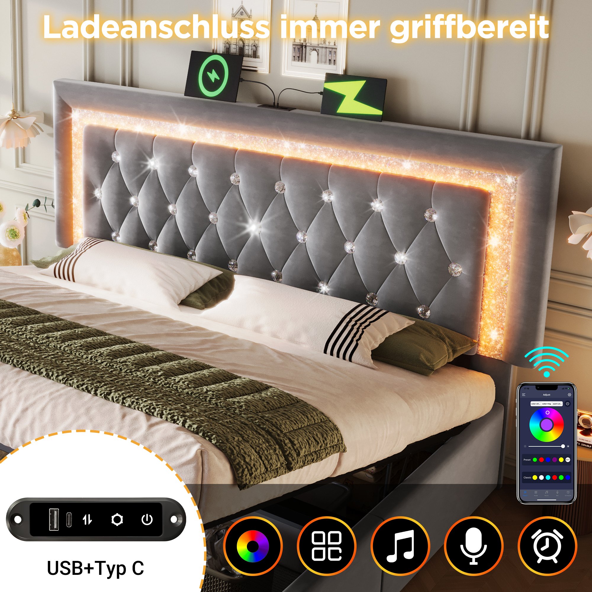 lit coffre 160x200 en velours gris avec rangement hydraulique, LED, ports USB Type-C et sommier à lattes