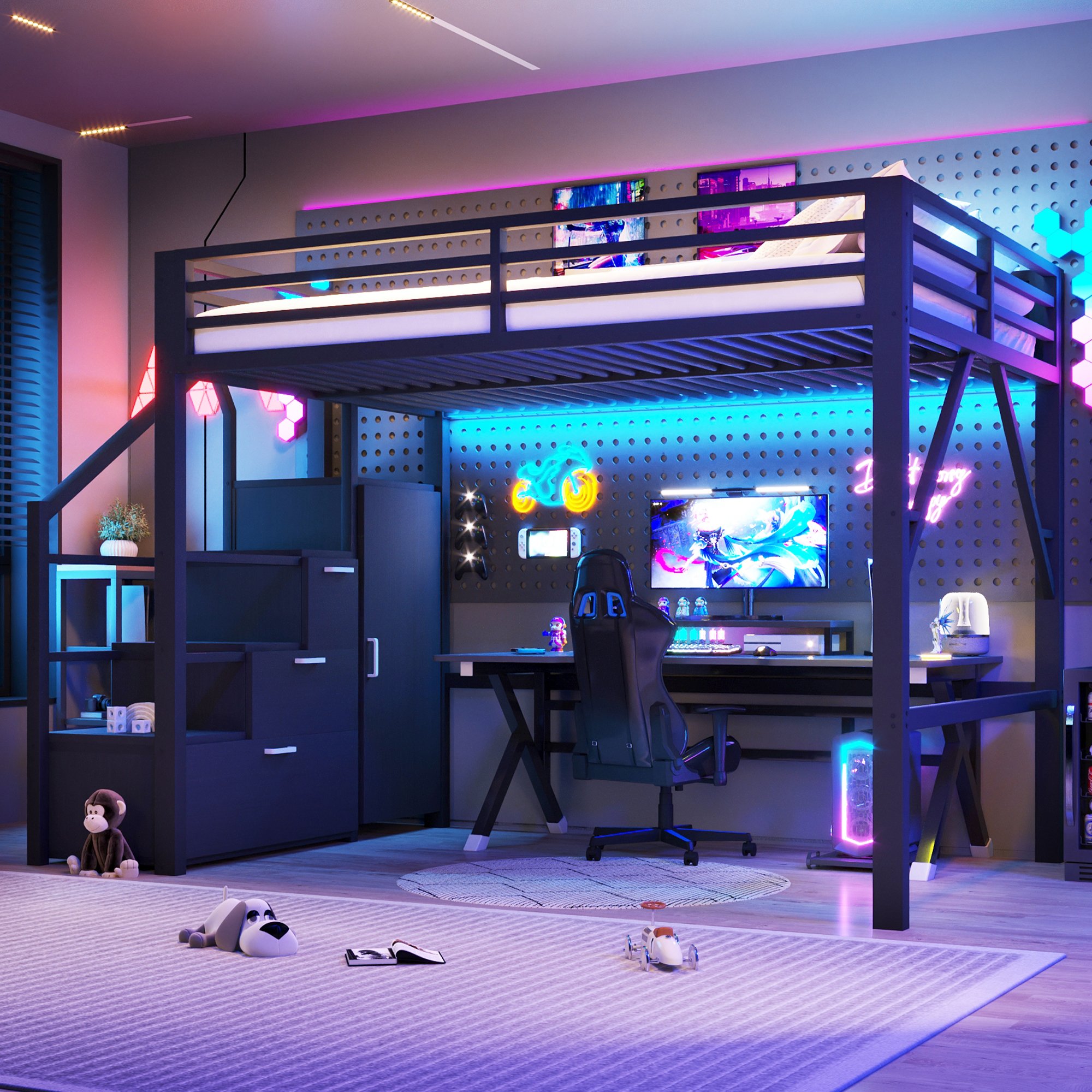 Lit mezzanine 140x200 en métal noir avec rangements, penderie et LED, échelle intégrée