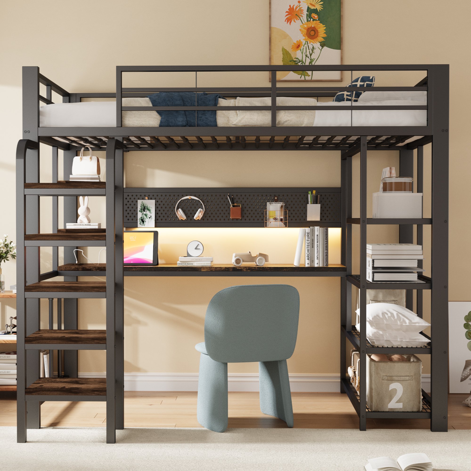 Lit mezzanine avec bureau intégré, éclairage LED et prises électriques, 90x200 cm