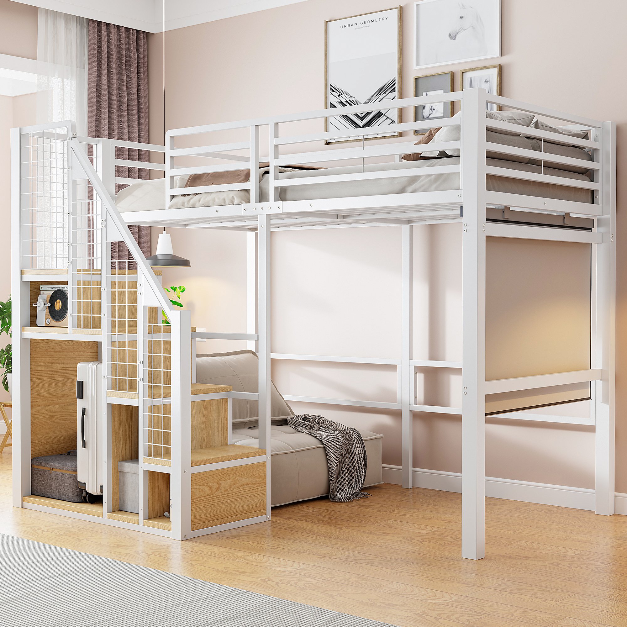 Lit mezzanine en métal blanc avec rangement, 90x200, échelle incluse
