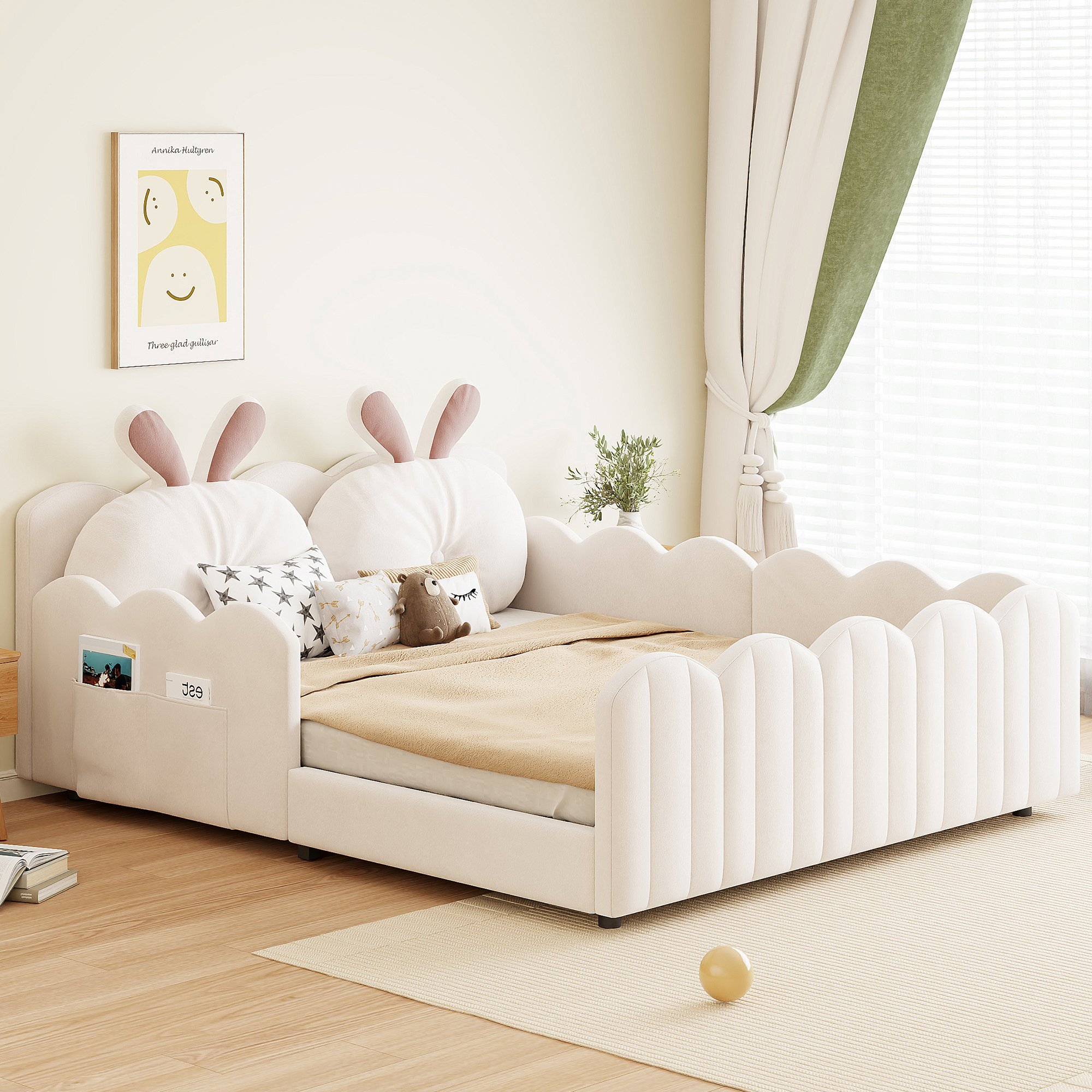 Lit rembourré 140x200 avec barrières de sécurité et tête de lit oreiller lapin, beige